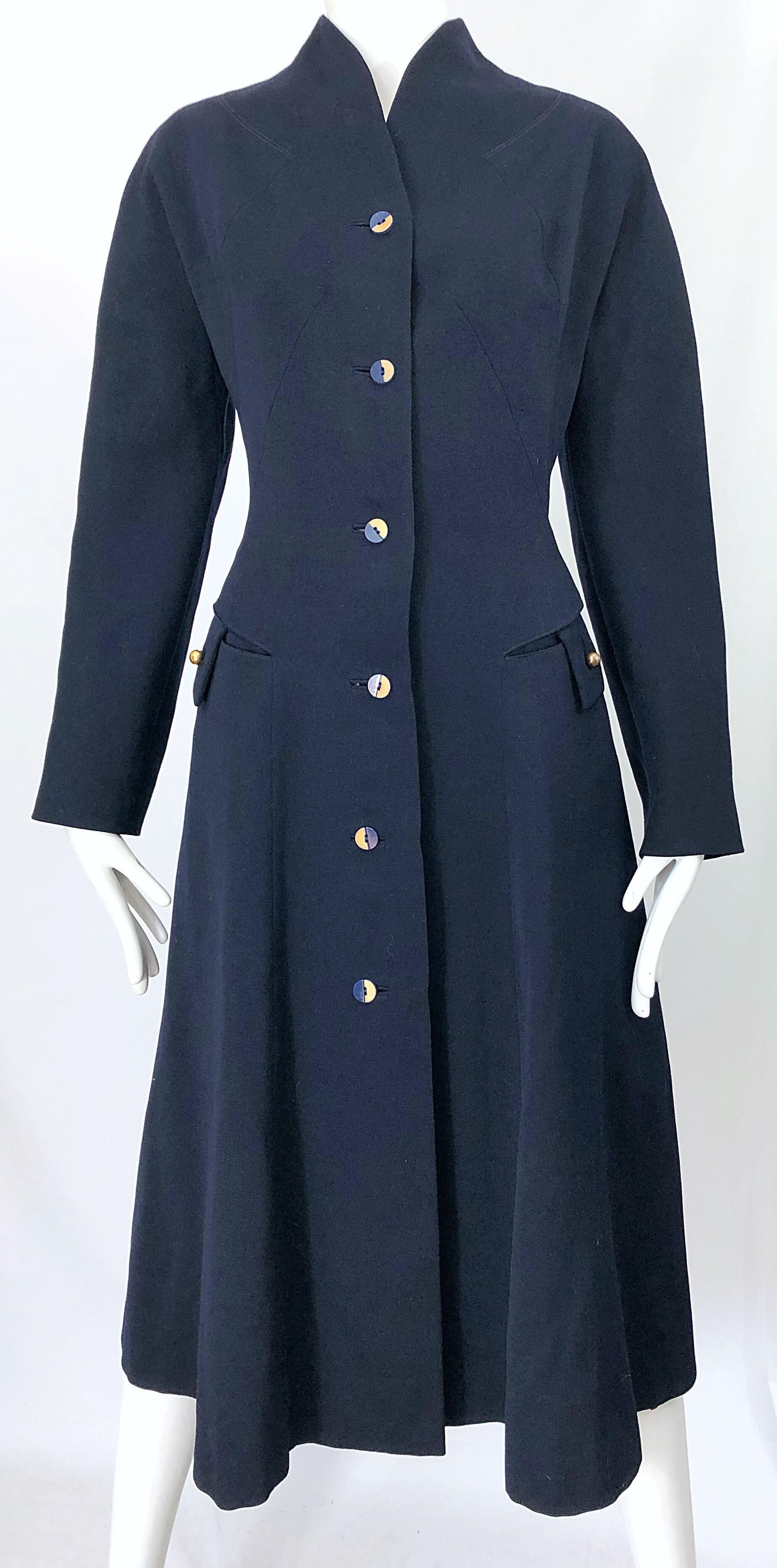 Women's 1940s Navy Blue Sleek Deco Style Vintage 40s Princess Jacket Coat w/ Pockets For Sale