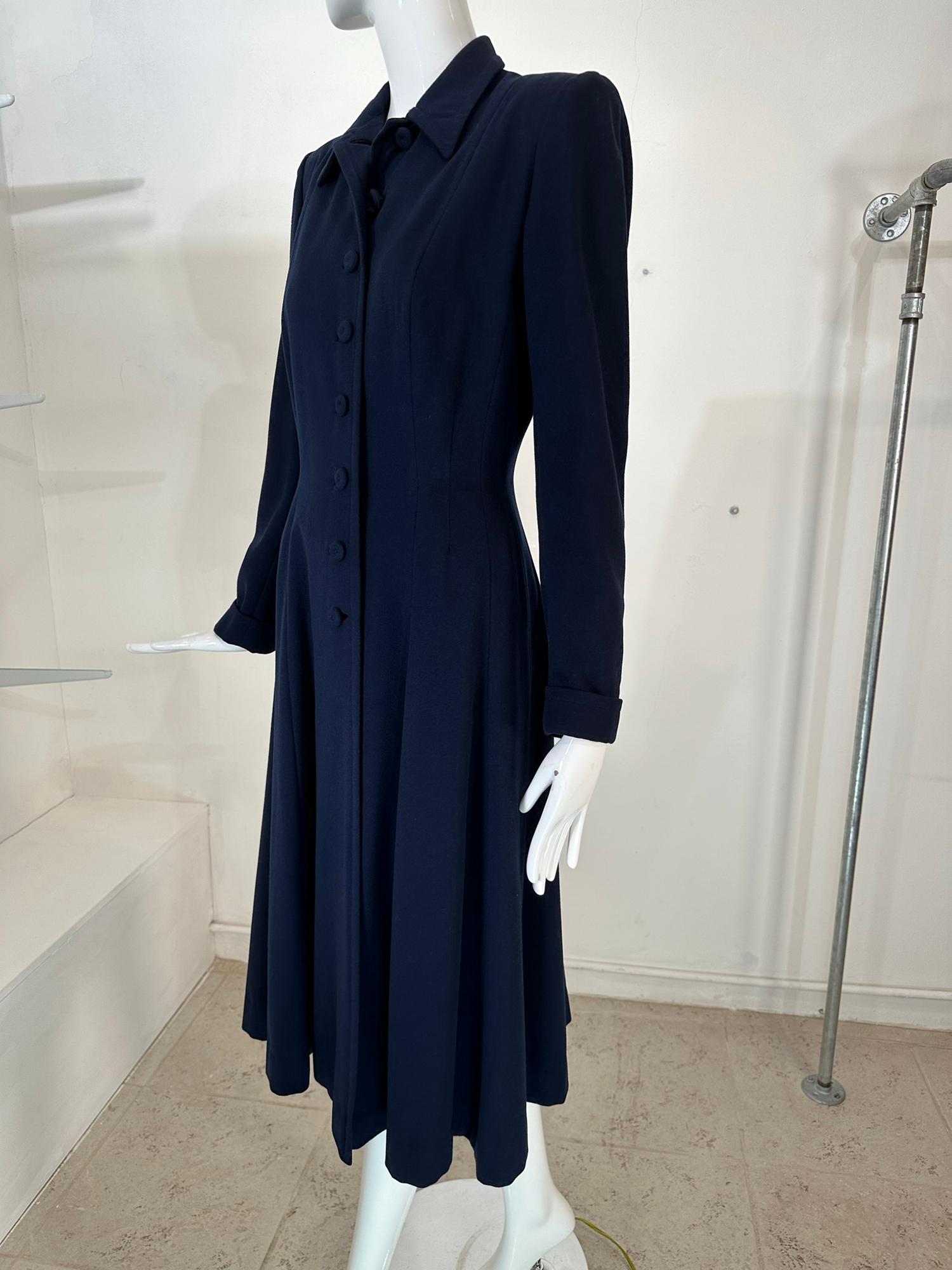 1940s Navy Blue Wool Princess Coat Peterson Gerzog Providence Rhode Island In Good Condition For Sale In West Palm Beach, FL
