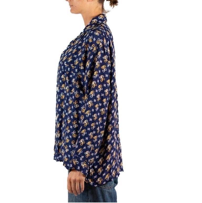 Black 1940S Navy Blue & Yellow Cold Rayon Button Down Men's Shirt For Sale