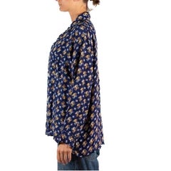 1940S Navy Blue & Yellow Cold Rayon Button Down Men's Shirt