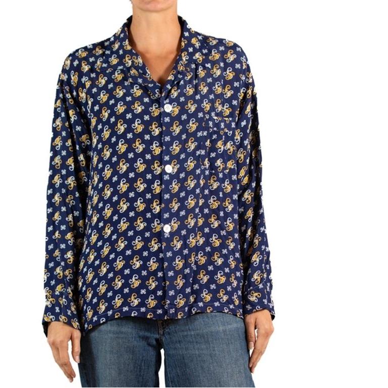 1940S Navy Blue & Yellow Cold Rayon Button Down Men's Shirt For Sale 2