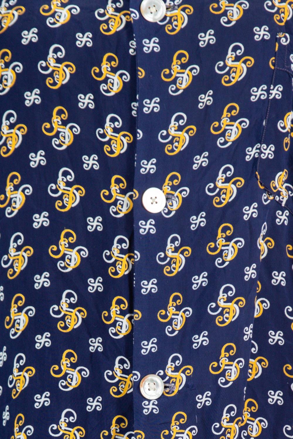 1940S Navy Blue & Yellow Cold Rayon Button Down Men's Shirt For Sale 3