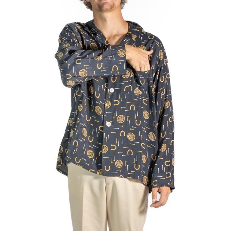 Men's 1940S Navy Blue & Yellow Rayon Mens Pajamas For Sale