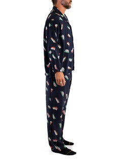 1940S Navy Cold Rayon Let Sleeping Dogs Lie Novelty Print Mens Pajamas
