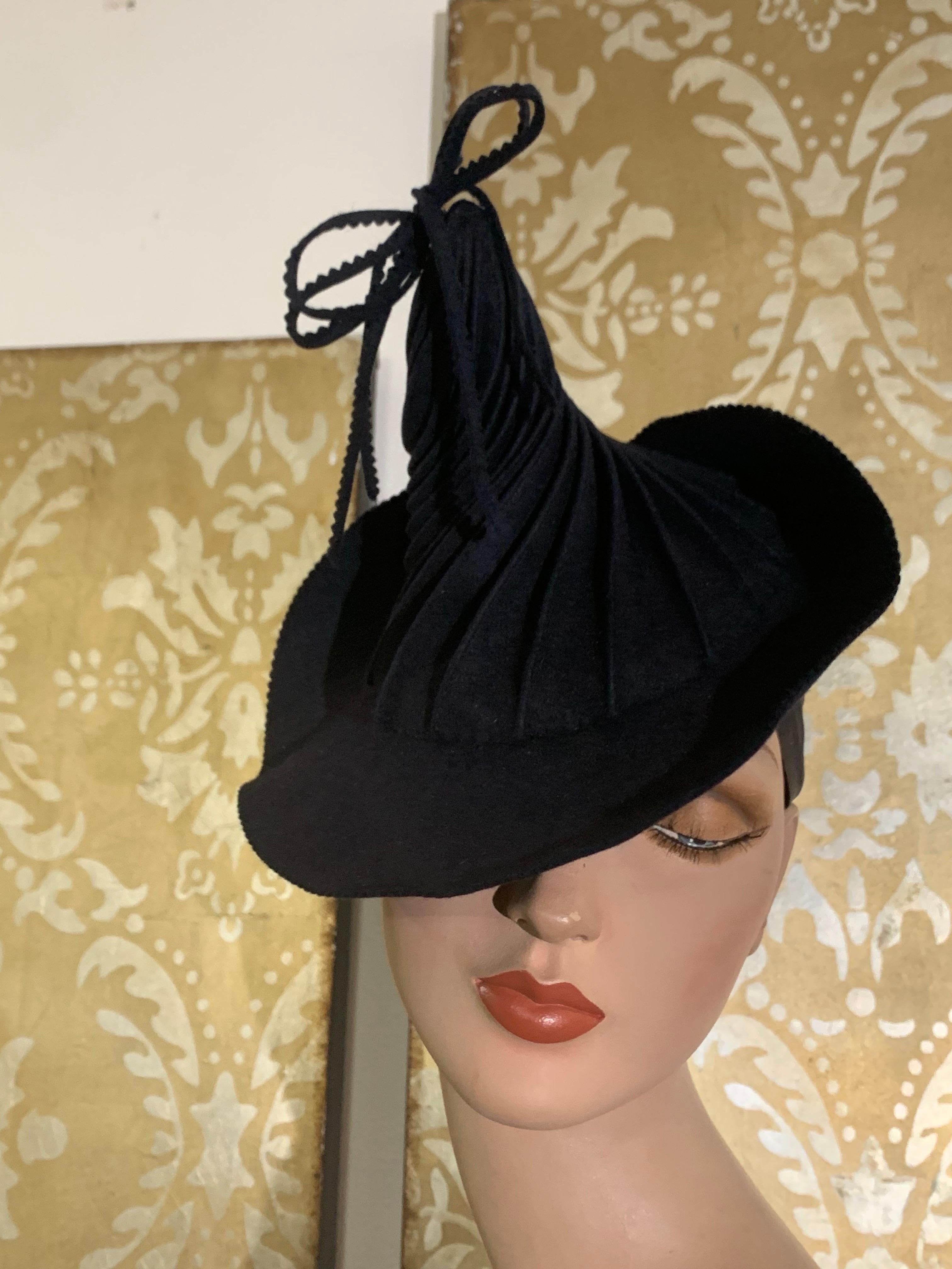 Black 1940s Navy Hattie Carnegie Wool Peaked Spiral Toy Tilt Hat