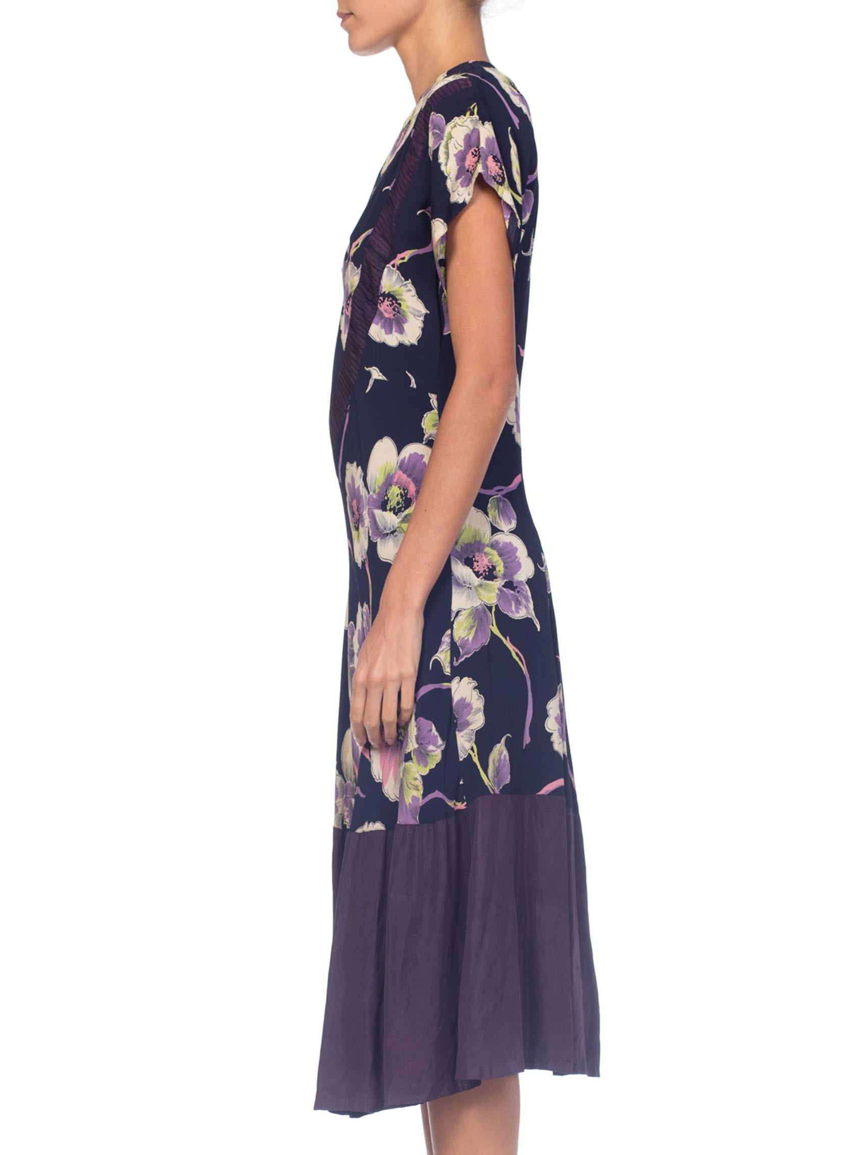 Black 1940S Navy, Lime Green & Purple Rayon Floral Printed  Dress With Taffeta Hem For Sale