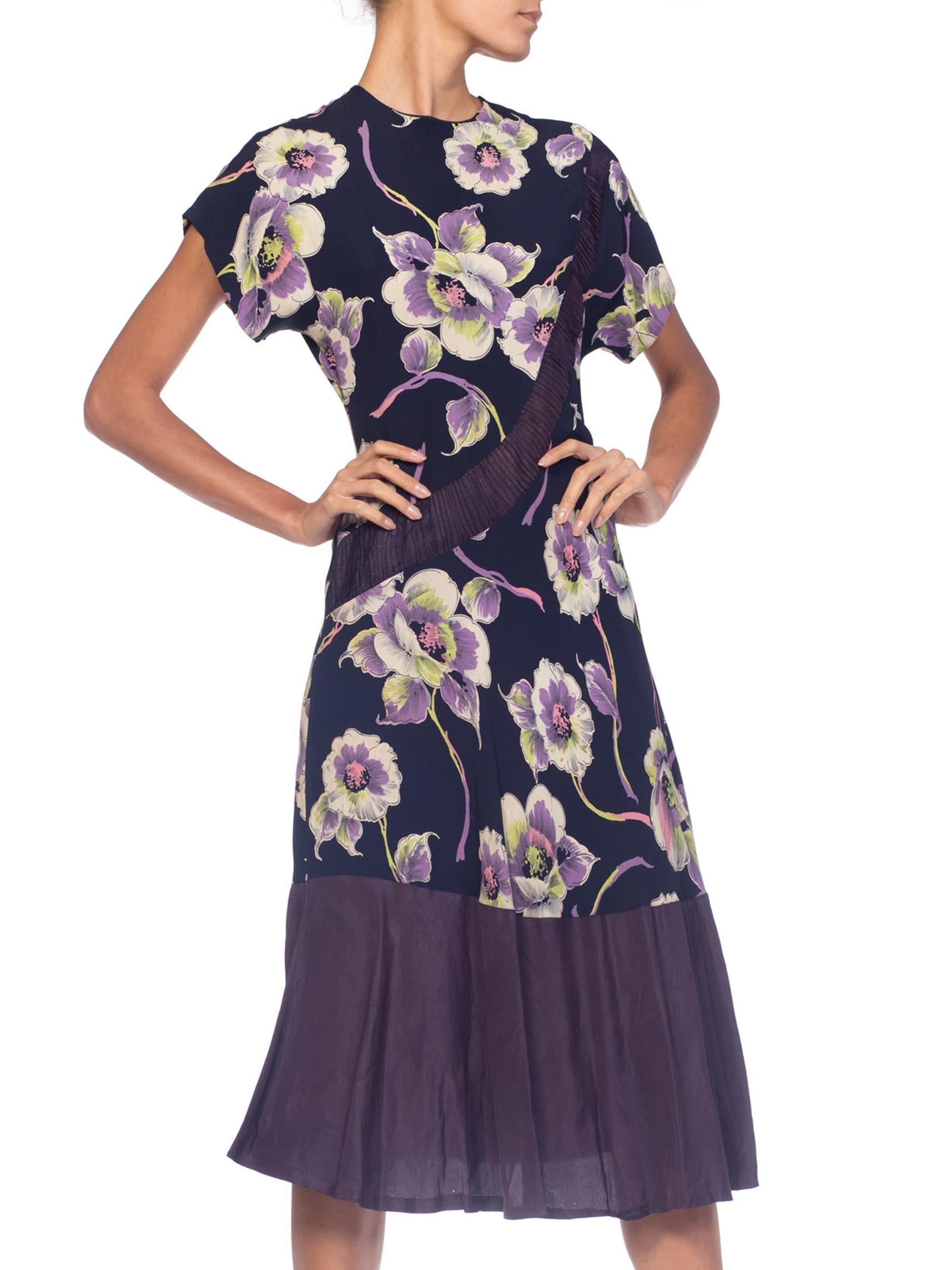 1940S Navy, Lime Green & Purple Rayon Floral Printed  Dress With Taffeta Hem In Excellent Condition For Sale In New York, NY