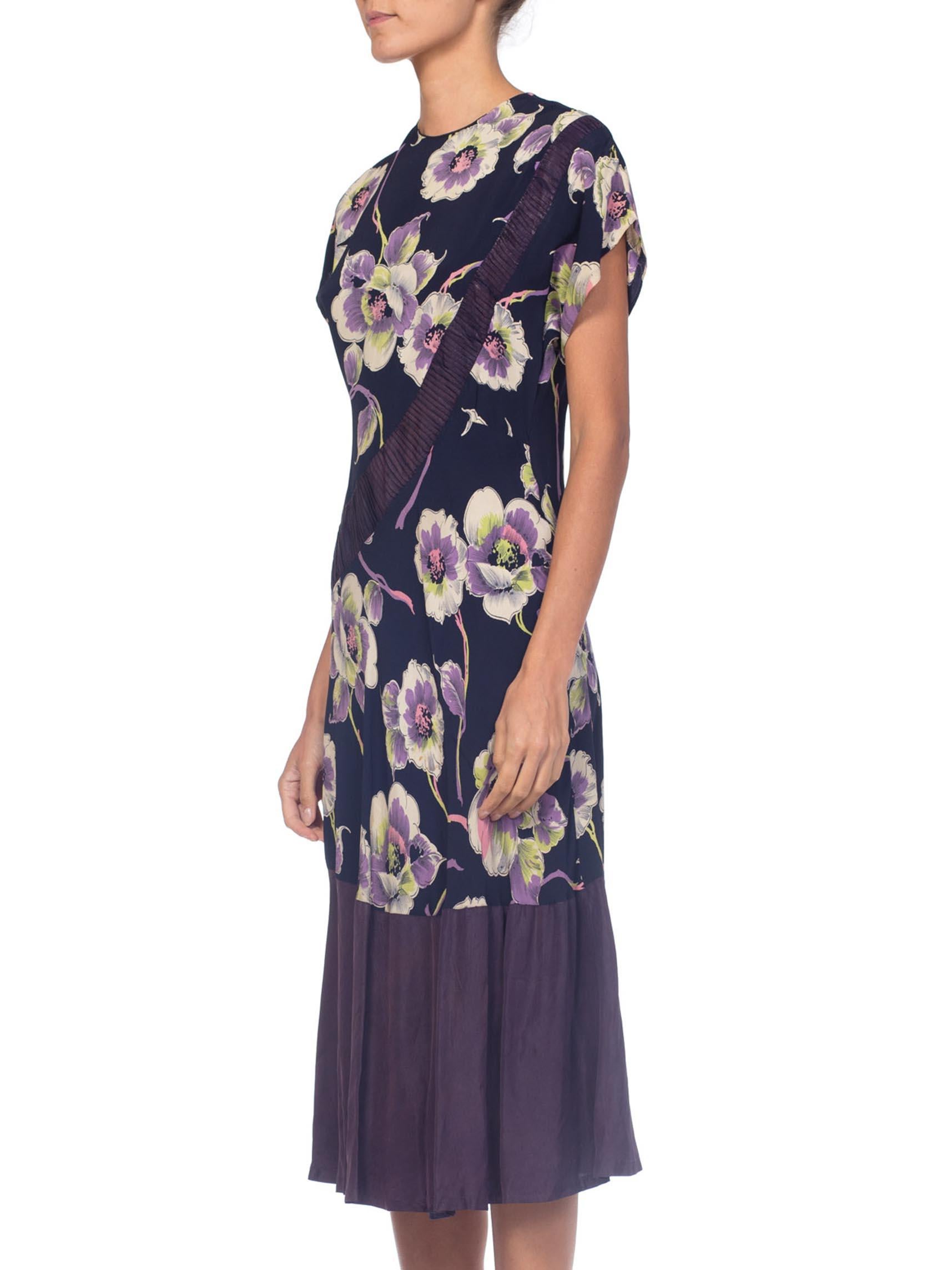 Women's 1940S Navy, Lime Green & Purple Rayon Floral Printed  Dress With Taffeta Hem For Sale