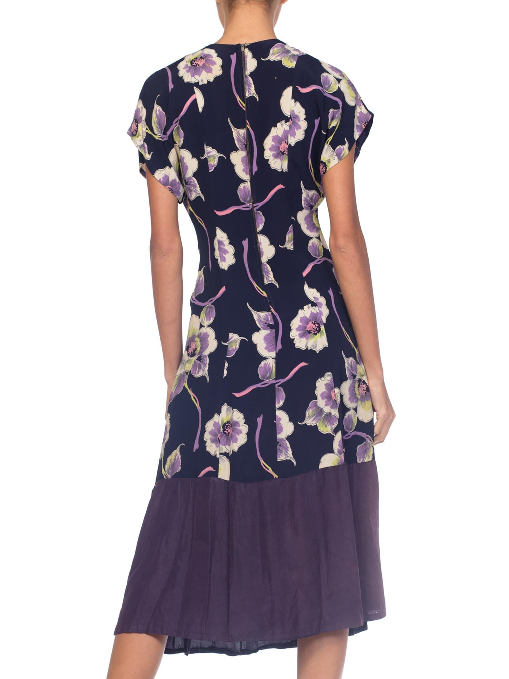 1940S Navy, Lime Green & Purple Rayon Floral Printed  Dress With Taffeta Hem For Sale 1