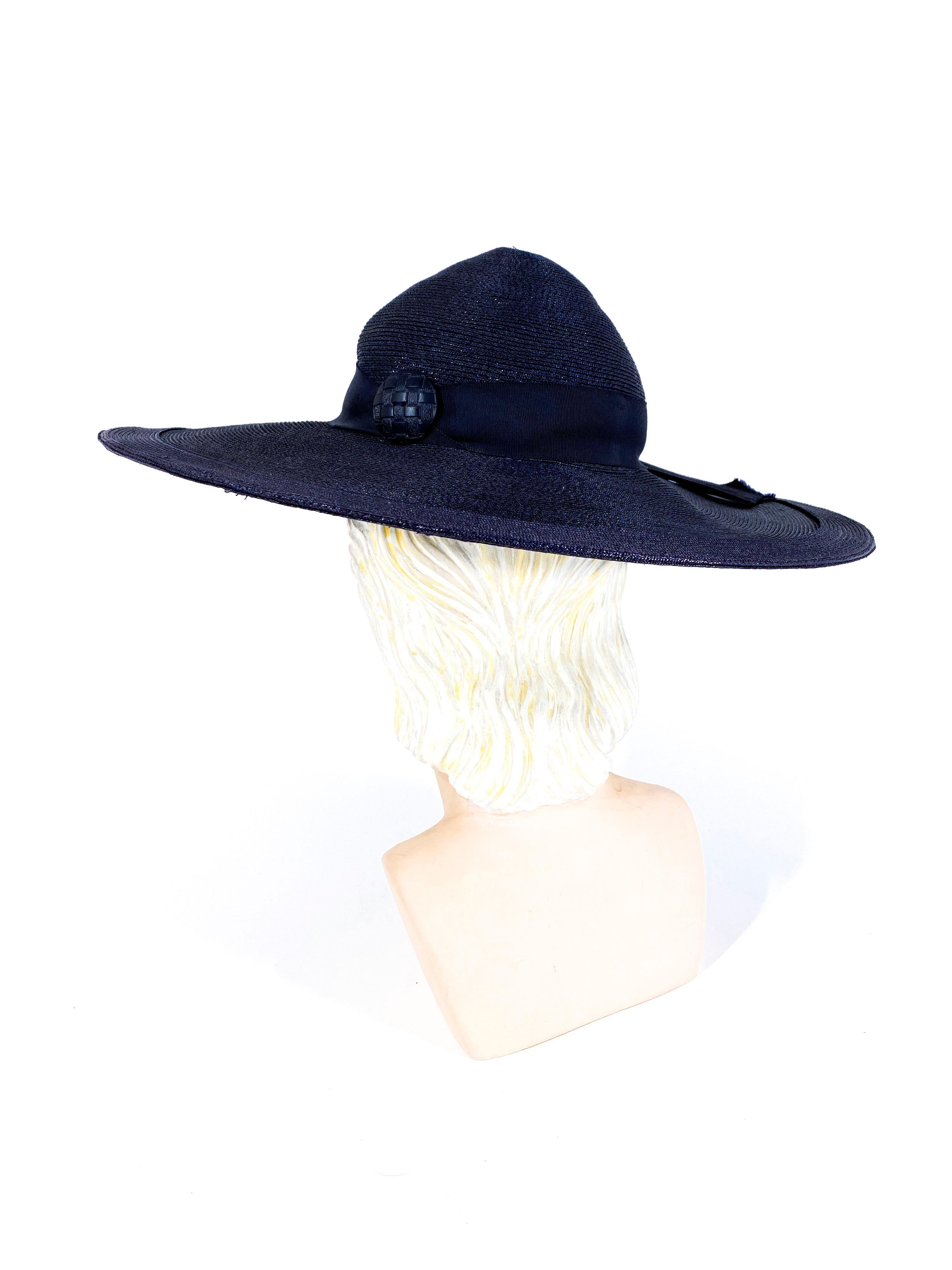 Gray 1940s Navy Woven Straw Wide-Brimmed Hat For Sale