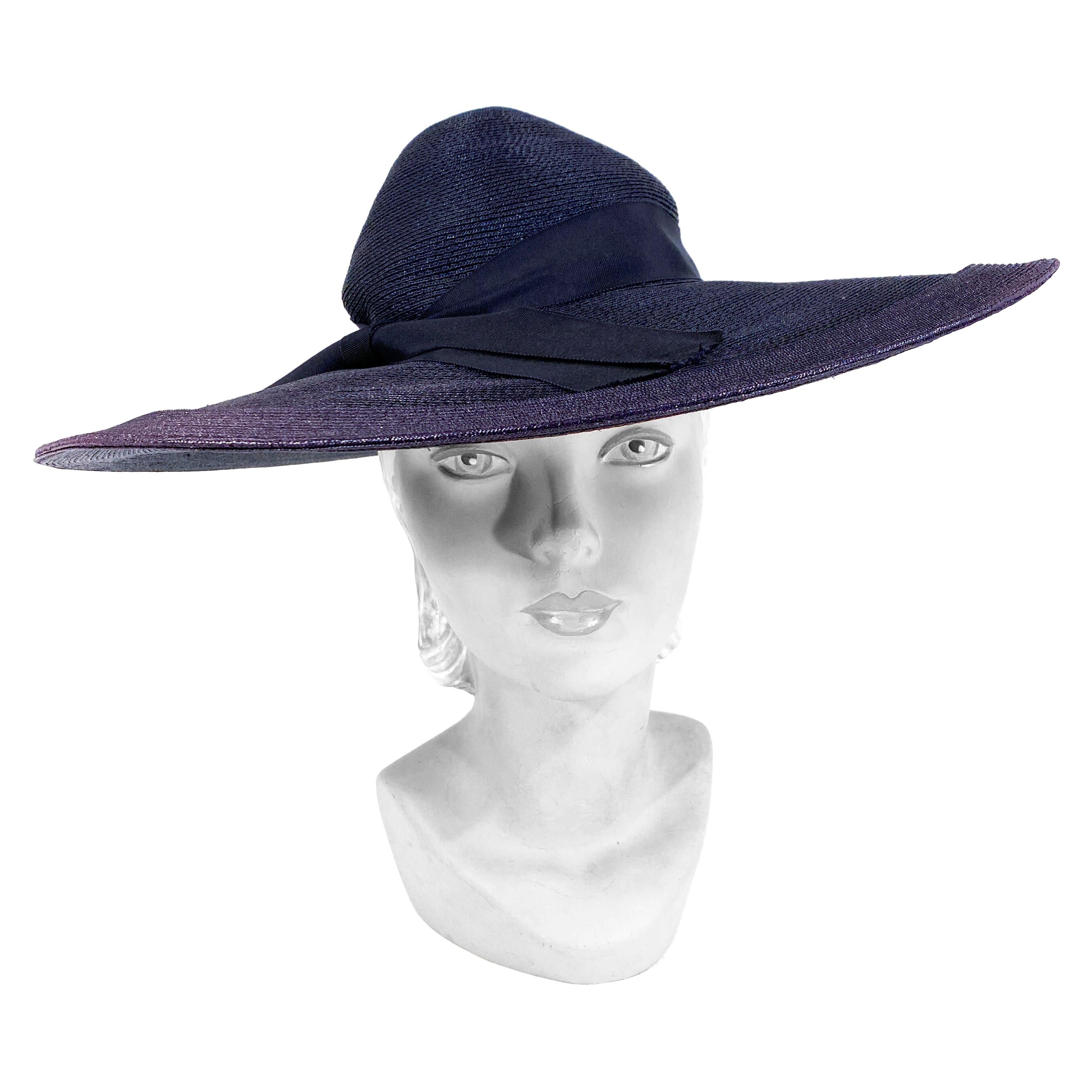 1940s Navy Woven Straw Wide-Brimmed Hat
