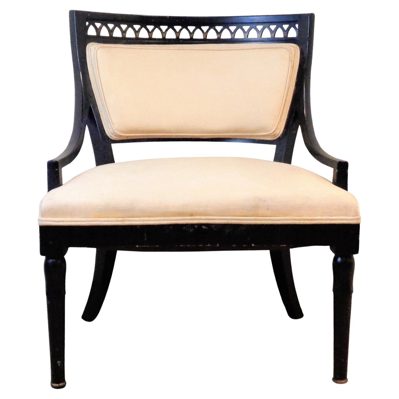  Neoclassical Style Black Lacquered Lounge Chair In Excellent Condition For Sale In Rochester, NY