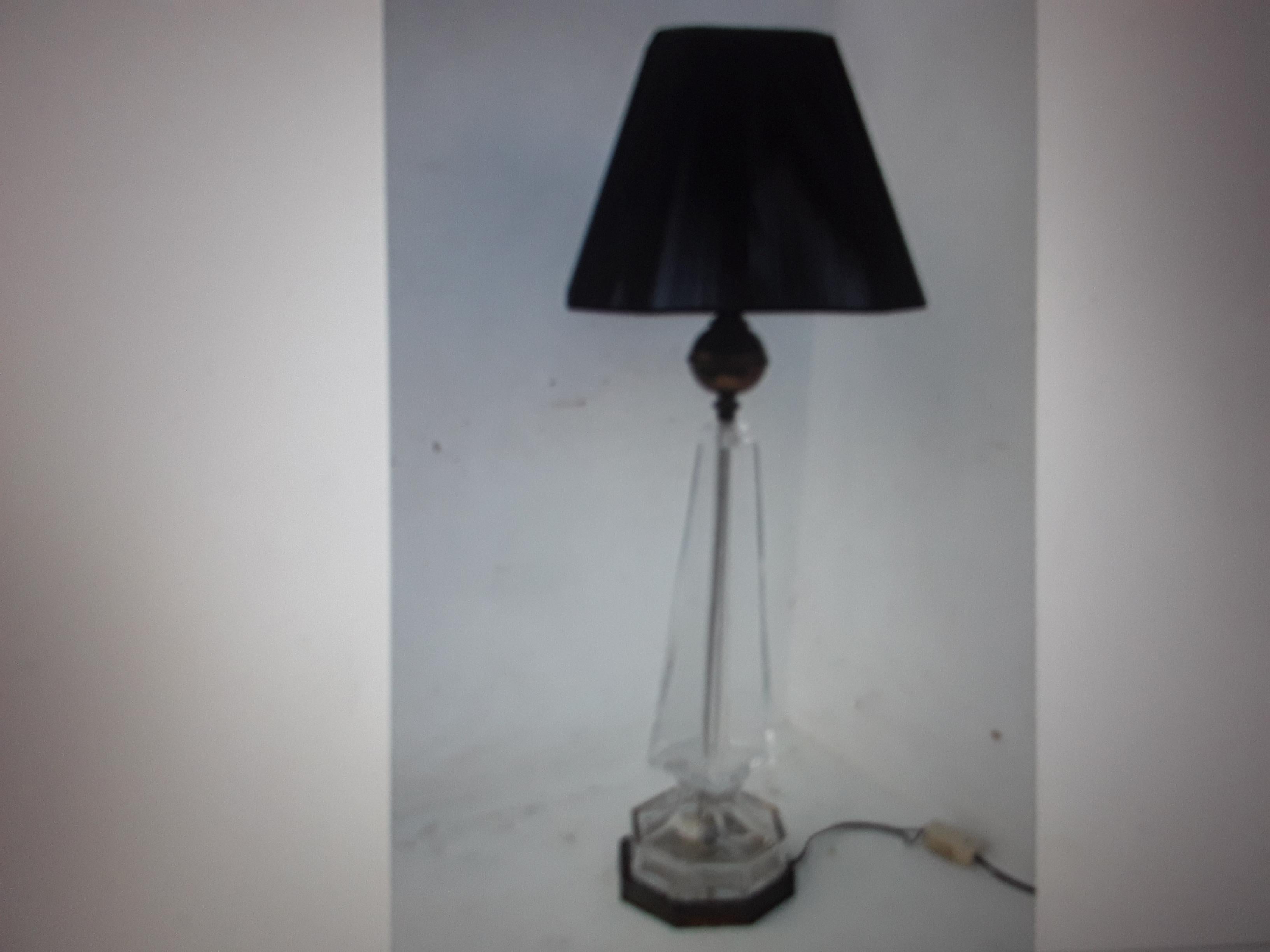 Beautiful 1940's Neoclassical style Brass and Glass Obelisk Form Table Lamp. Shade is included.