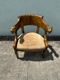 1940s Neoclassical Style Brass Lion Barrel Suede Chair