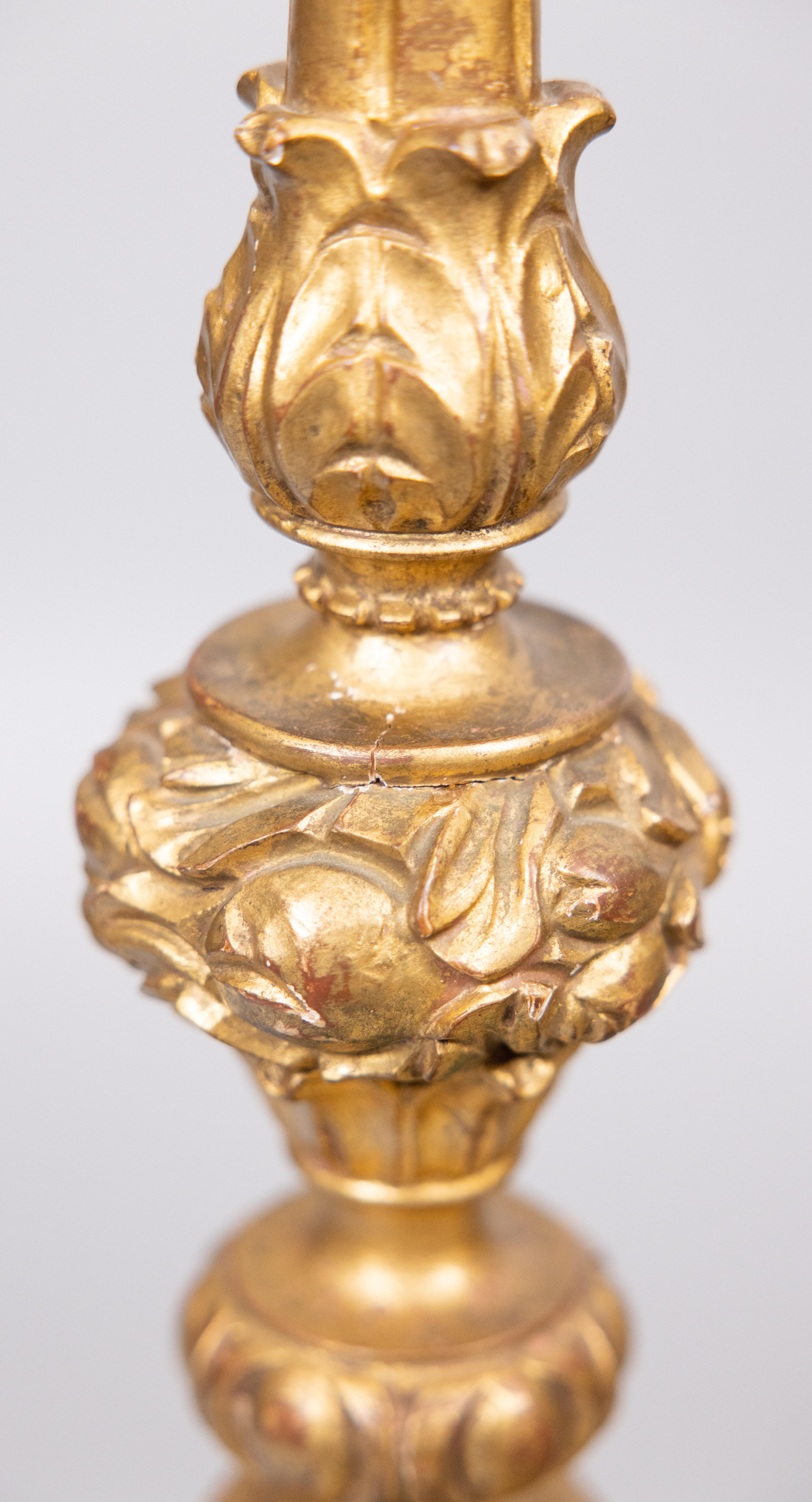 1940s Neoclassical Style Italian Giltwood Pricket Candlestick Table Lamp In Good Condition For Sale In Pearland, TX
