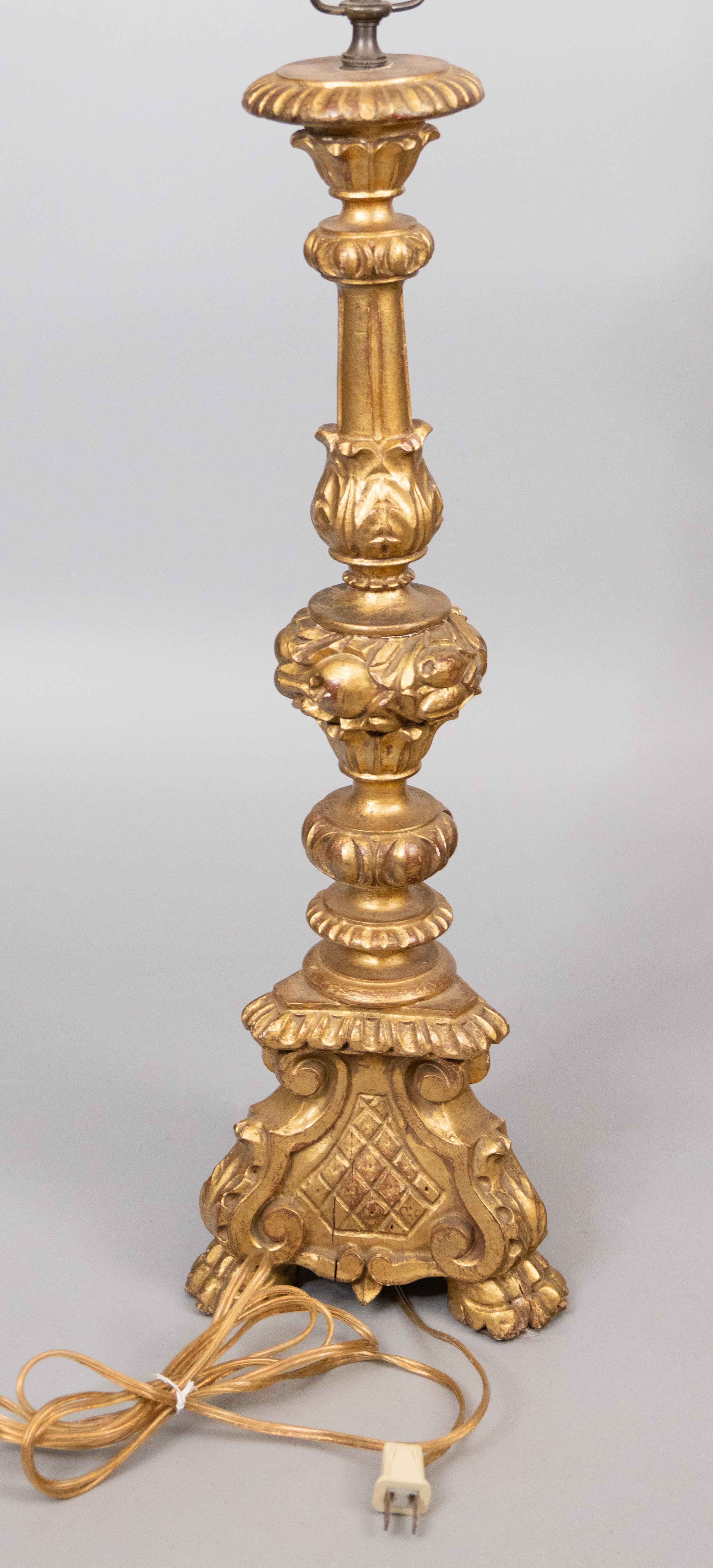 Mid-20th Century 1940s Neoclassical Style Italian Giltwood Pricket Candlestick Table Lamp For Sale