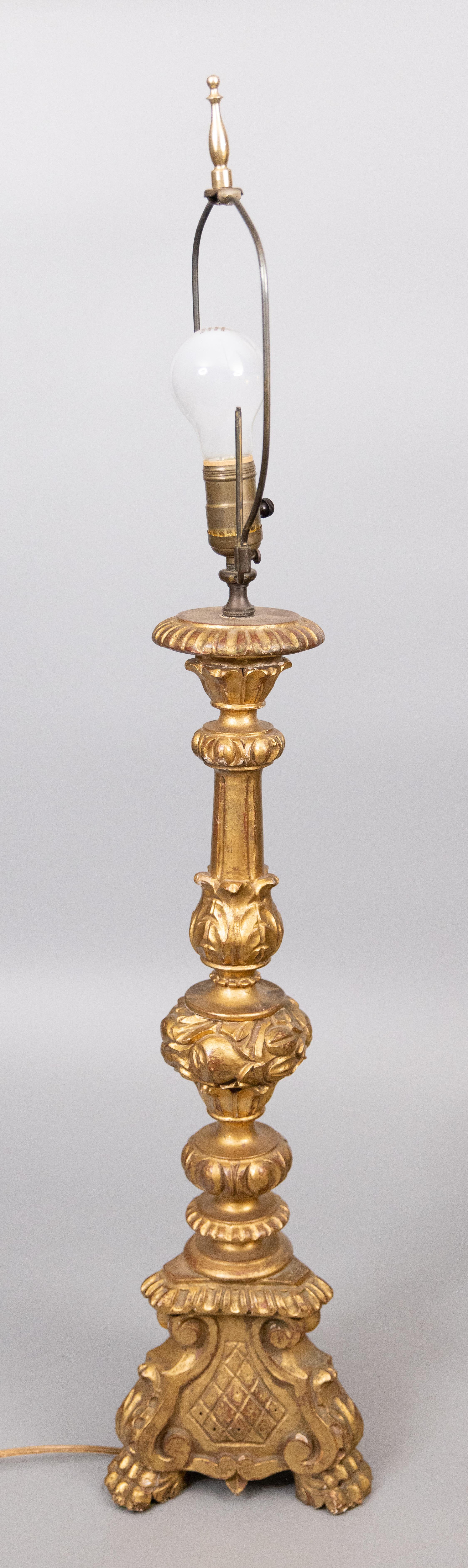Gesso 1940s Neoclassical Style Italian Giltwood Pricket Candlestick Table Lamp For Sale
