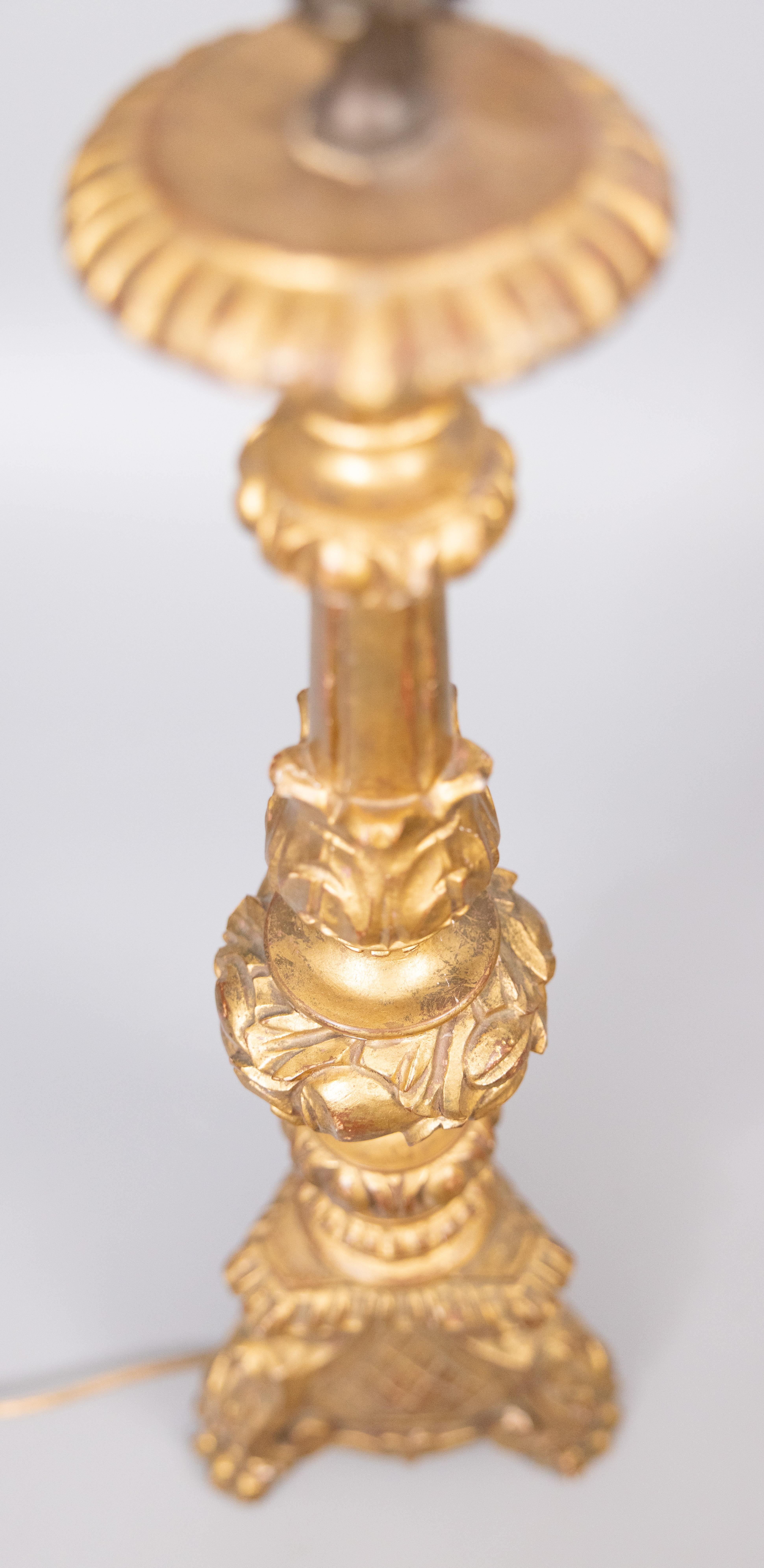 1940s Neoclassical Style Italian Giltwood Pricket Candlestick Table Lamp For Sale 2