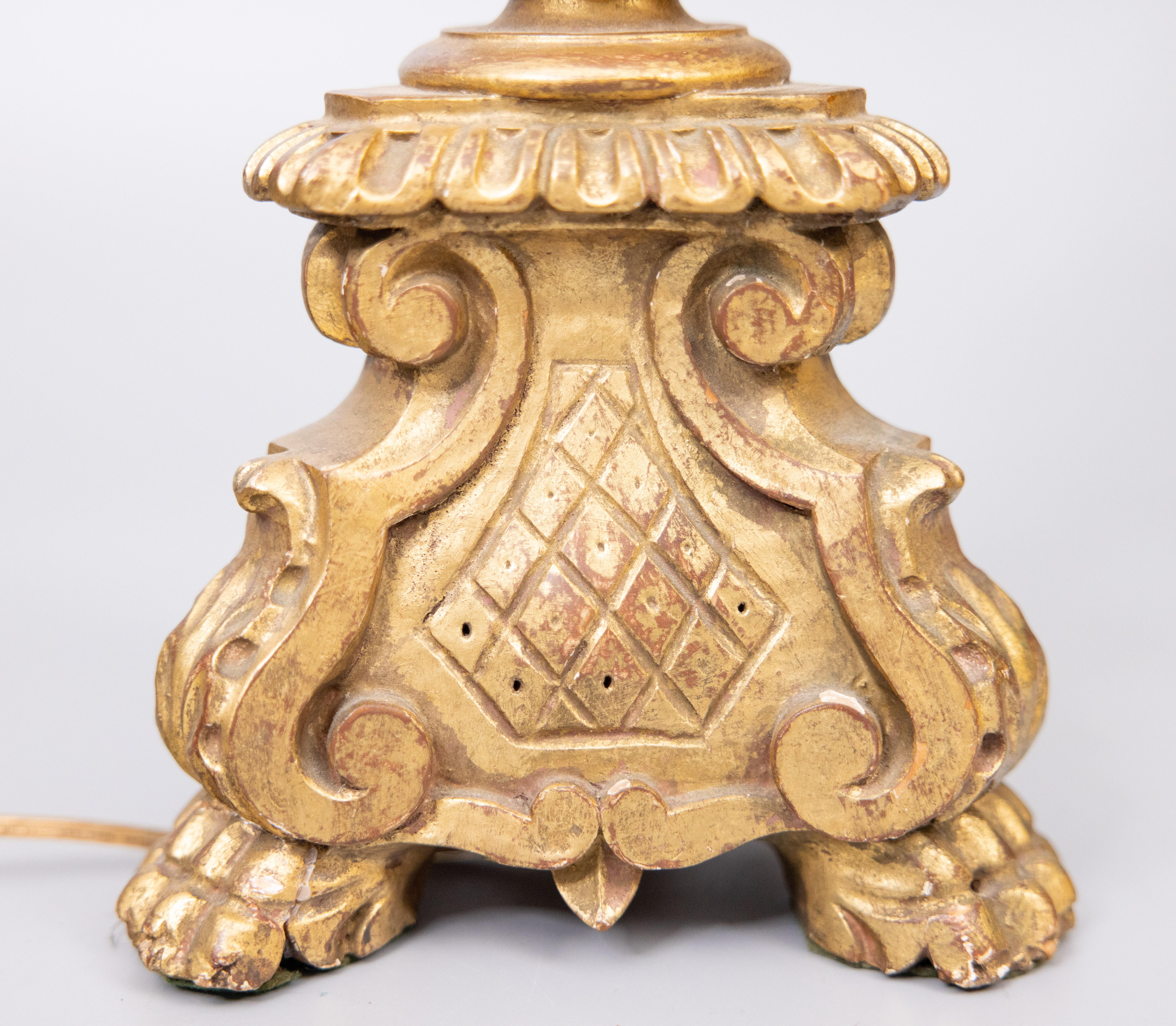 1940s Neoclassical Style Italian Giltwood Pricket Candlestick Table Lamp For Sale 3