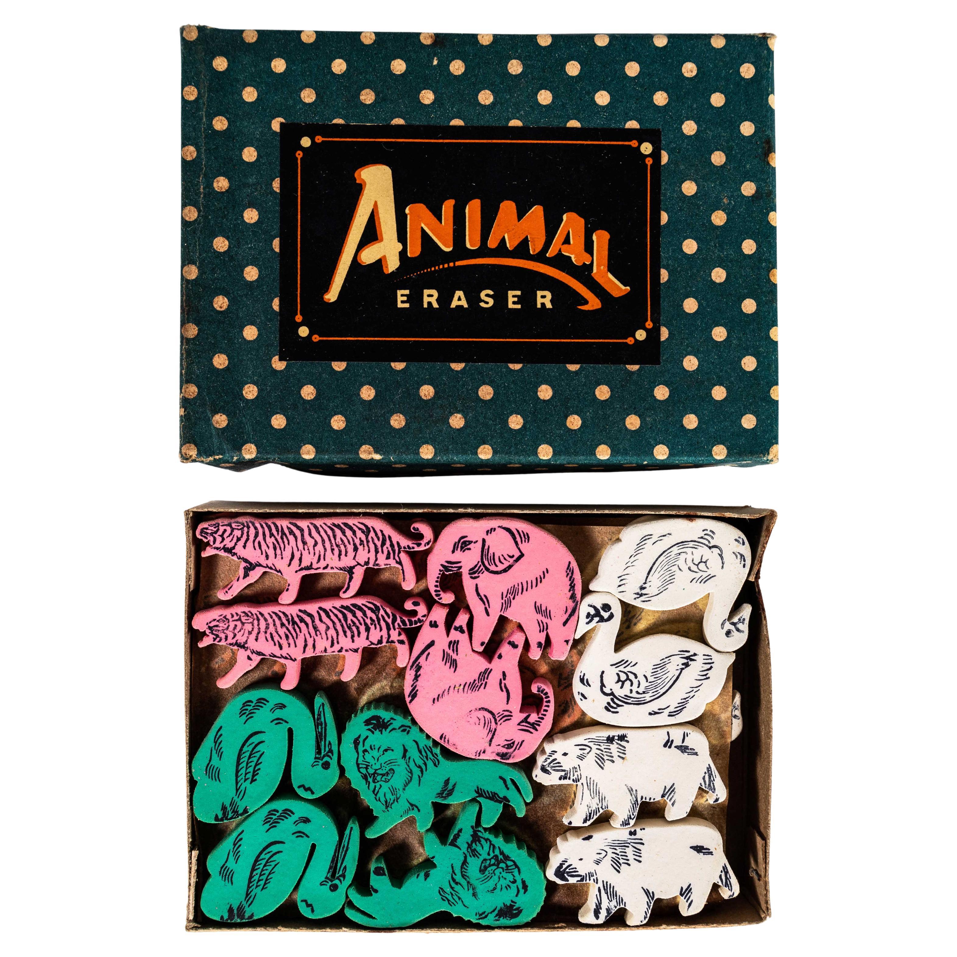 1940's New Old Stock Vintage Caja De Gomas De Borrar De Animales - Juego De Cajas