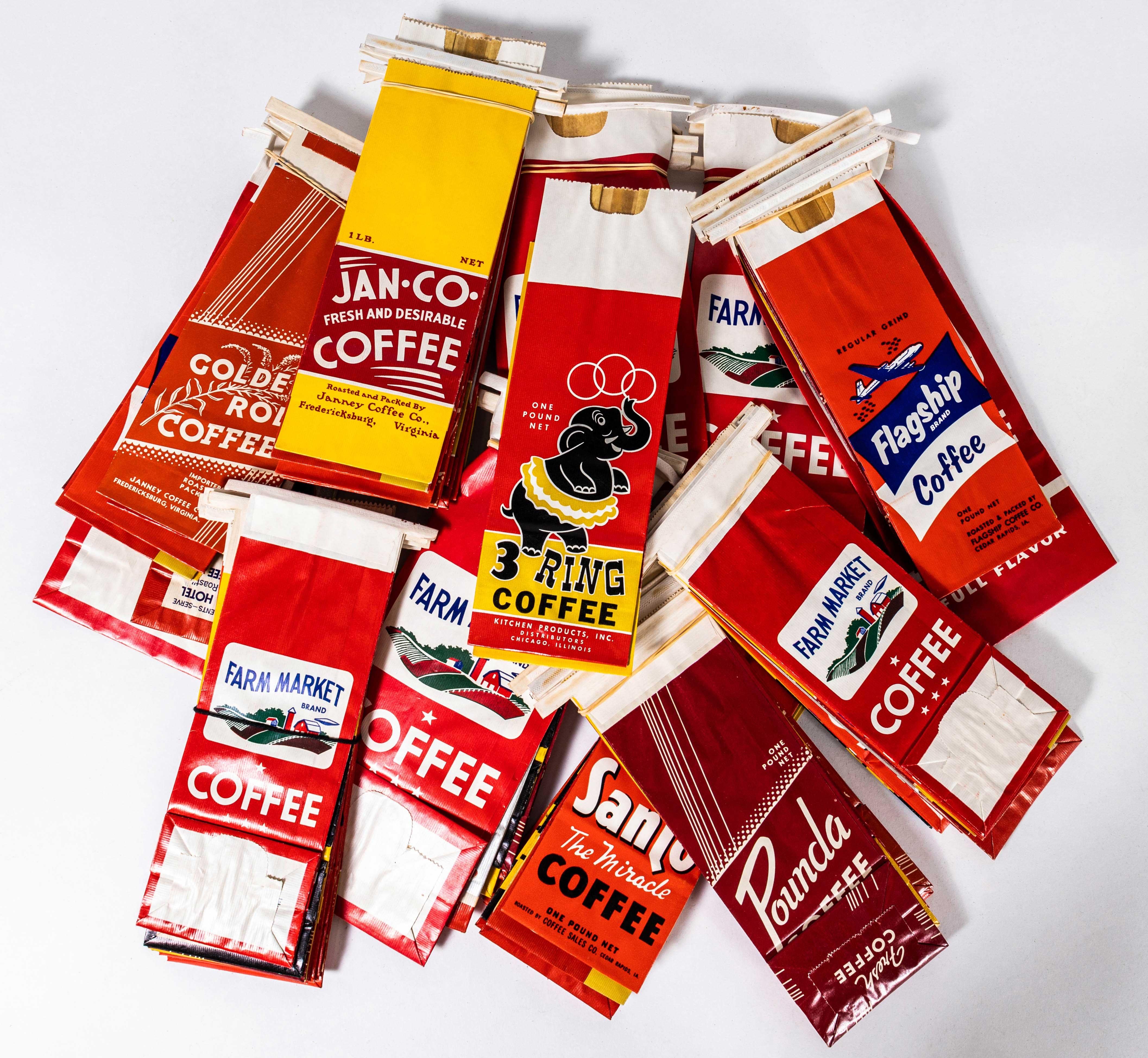 1940's New Old Stock Vintage Coffee Bags - Pack Of Ten. We sourced these from the US. Extraordinary original 1940's new old stock, never used, incredible graphics. Listing is for a pack of ten mixed bags.

Workshop Report:
Our workshop team inspect