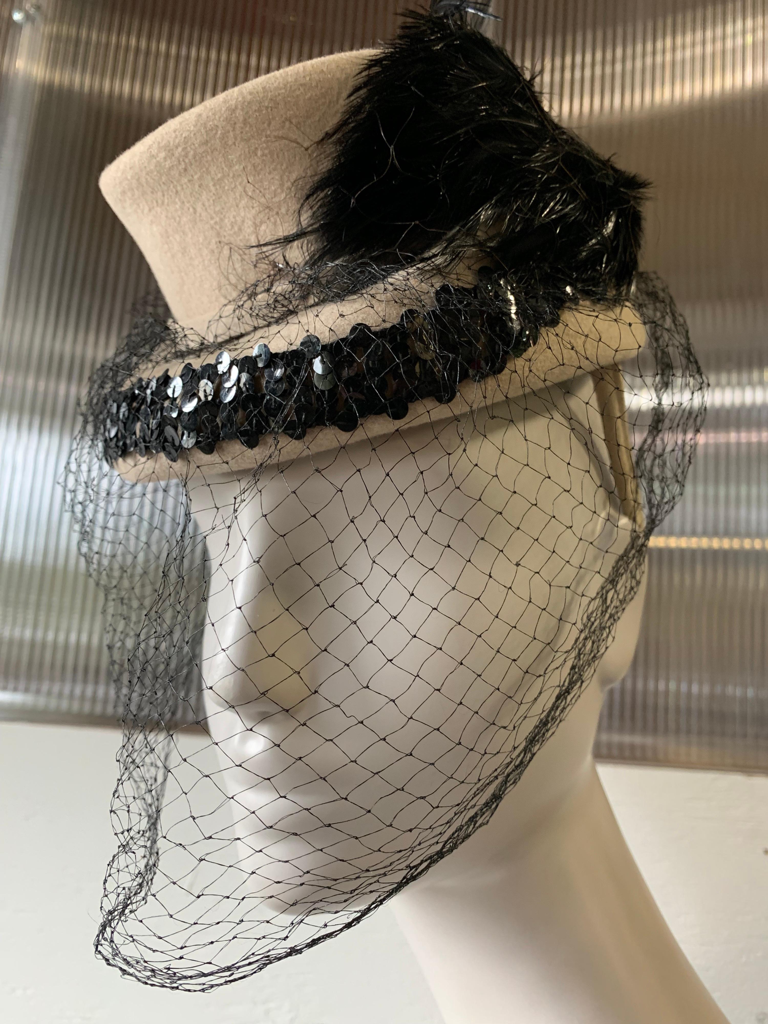 1940s New York Creations Ecru Wool Tilt Top Hat W/ Feathers Sequins & Veil. One size fits all, with a strap to secure at back. 