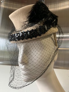 1940s New York Creations Ecru Wool Tilt Top Hat W/ Feathers Sequins & Veil