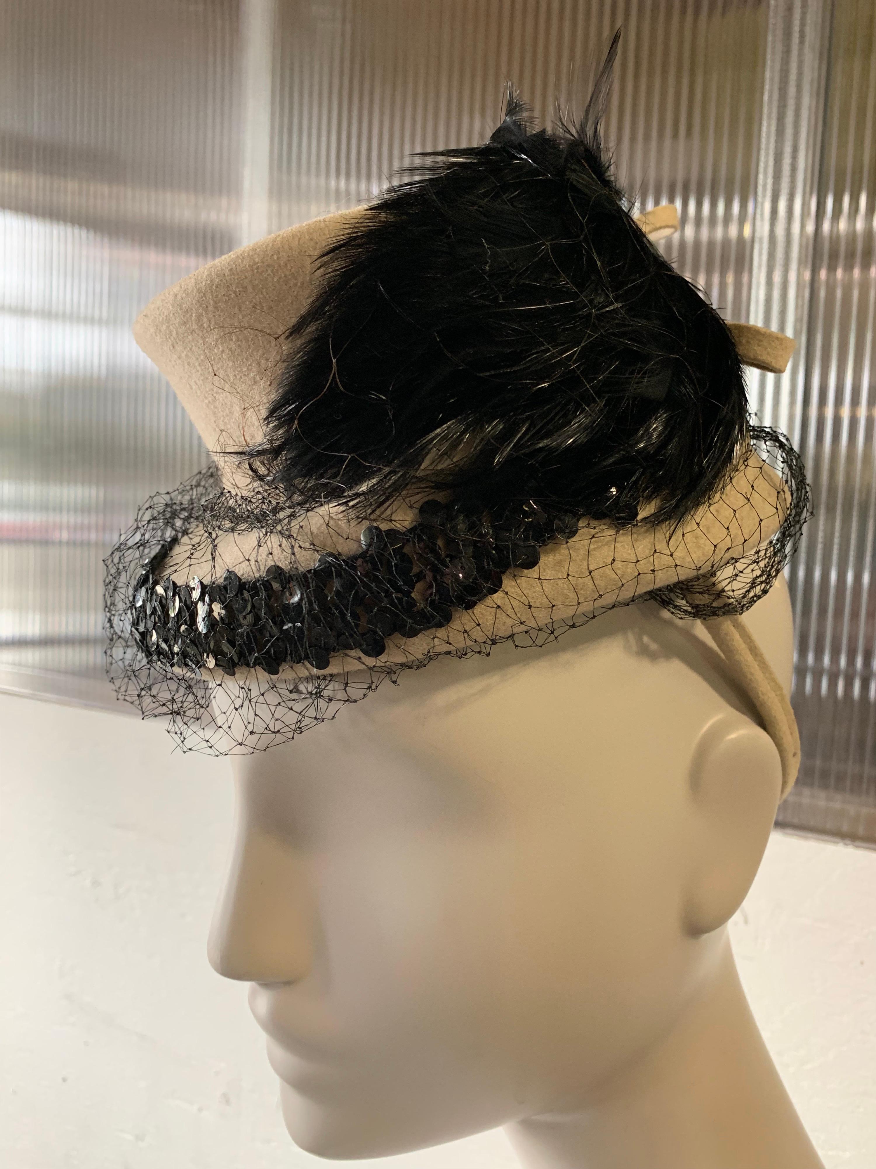 1940s New York Creations Ecru Wool Tilt Top Hat W/ Feathers Sequins & Veil For Sale 1