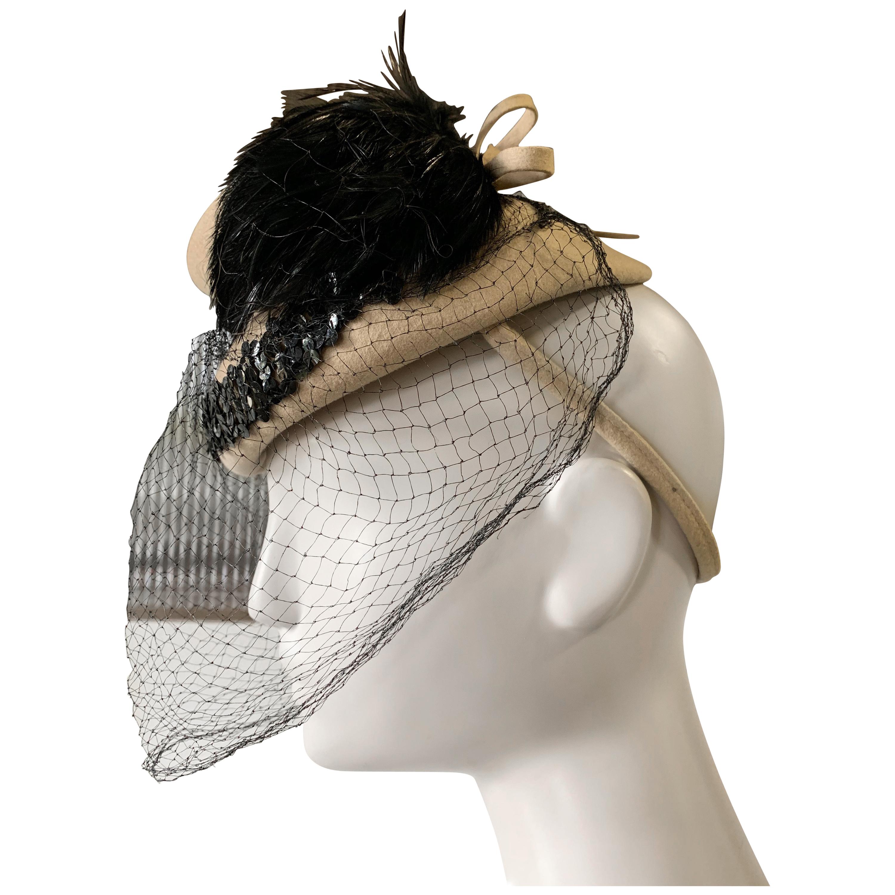 1940s New York Creations Ecru Wool Tilt Top Hat W/ Feathers Sequins & Veil For Sale