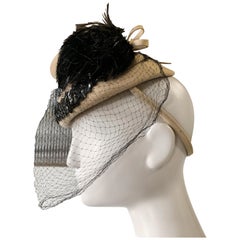 1940s New York Creations Ecru Wool Tilt Top Hat W/ Feathers Sequins & Veil
