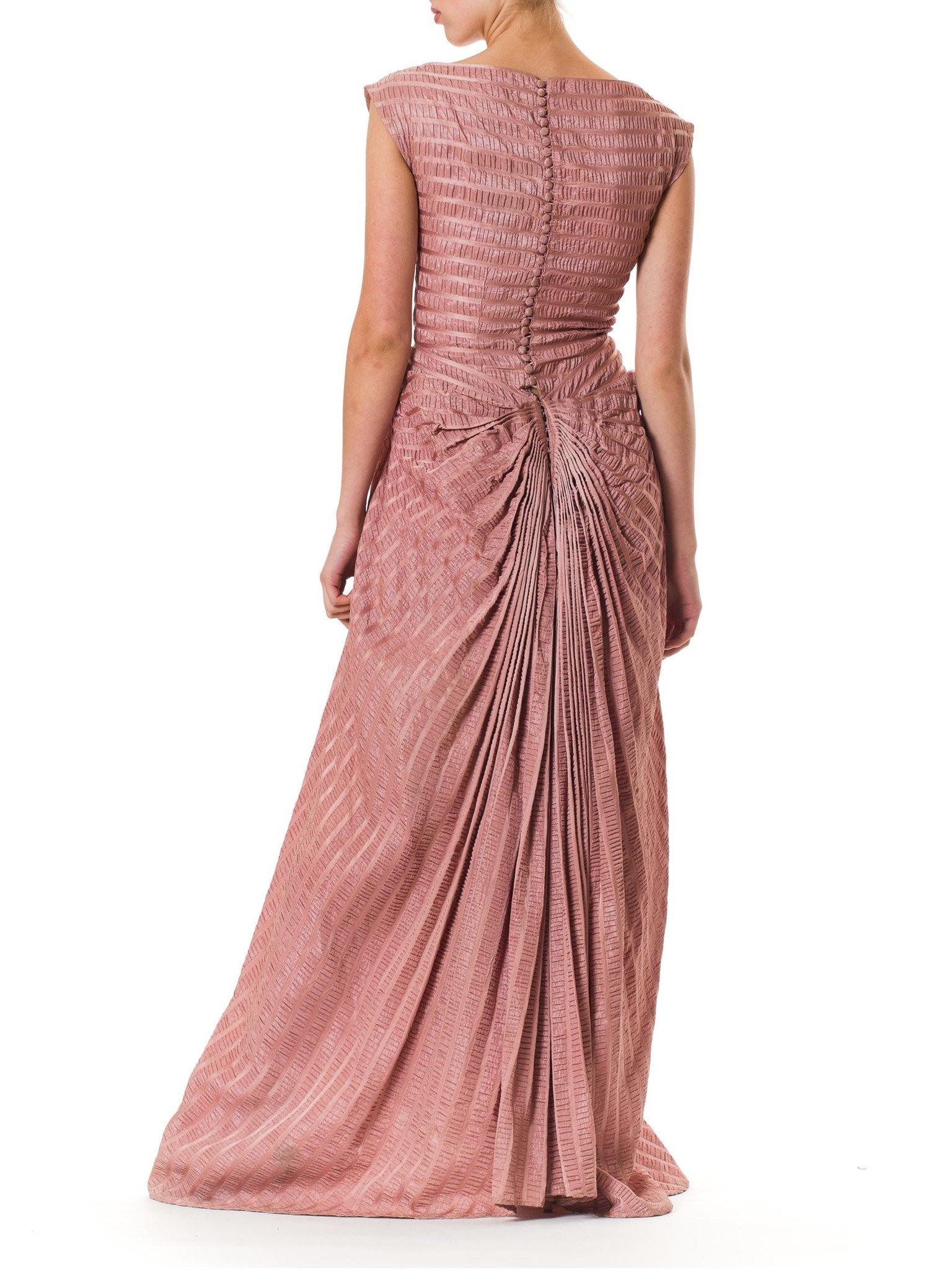 Women's 1940S NICHOLAS UNGAR Dusty Rose Rayon Blend Satin Plissé Stripe Gown With Train For Sale