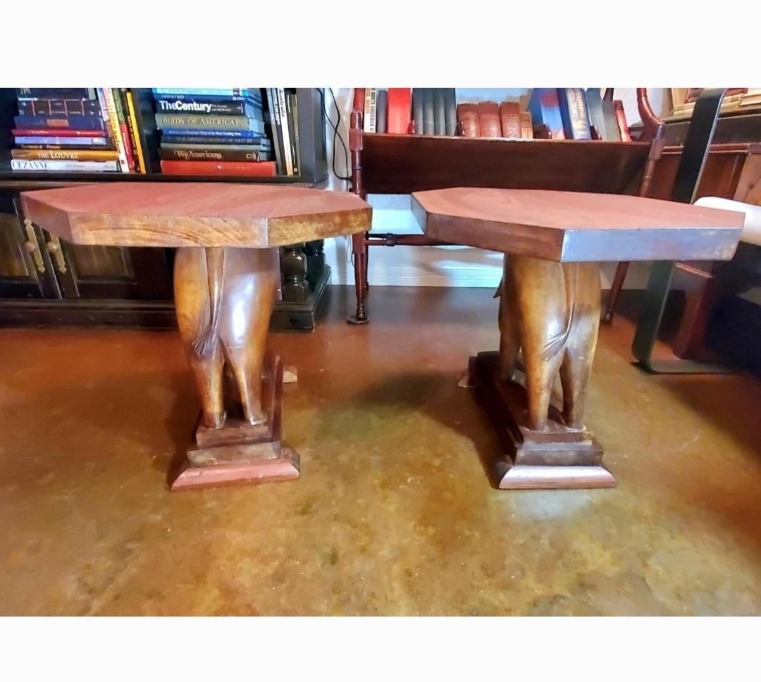 1940s Nigerian Carved Mahogany End Tables With Elephant Bases - a Pair. For Sale 2