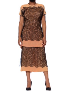 1940S NORMAN ORIGINAL Peach Silk Faille & Black Chantilly Lace Tiered Cocktail