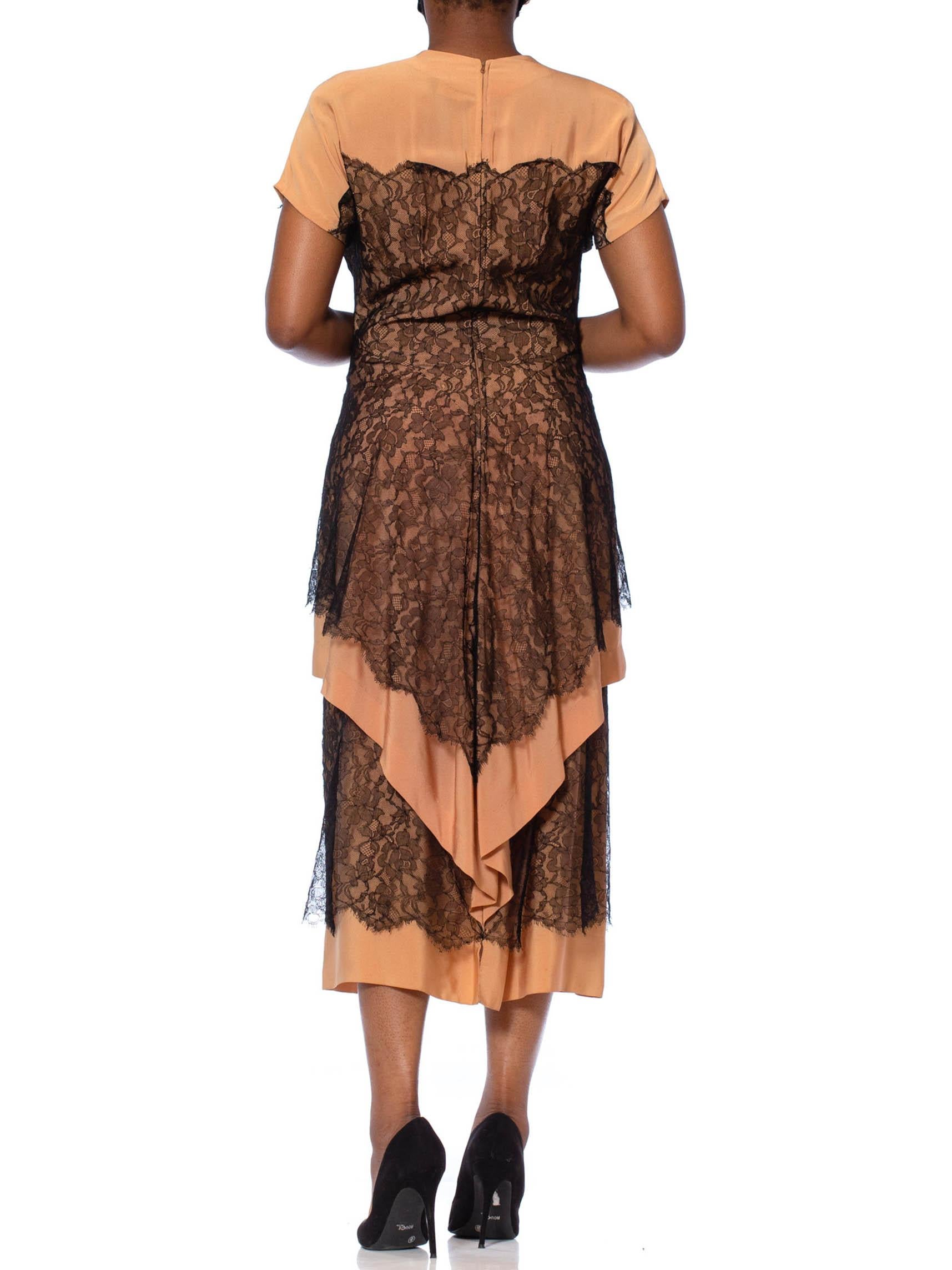 Women's 1940S NORMAN ORIGINAL Peach Silk Faille & Black Chantilly Lace Tiered Cocktail For Sale