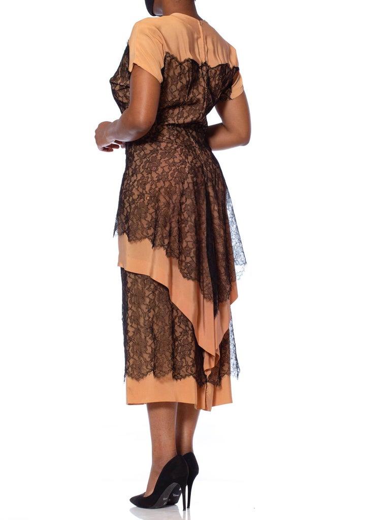 1940s Norman Original Peach Silk Faille & Black Chantilly Lace Tiered Cocktail