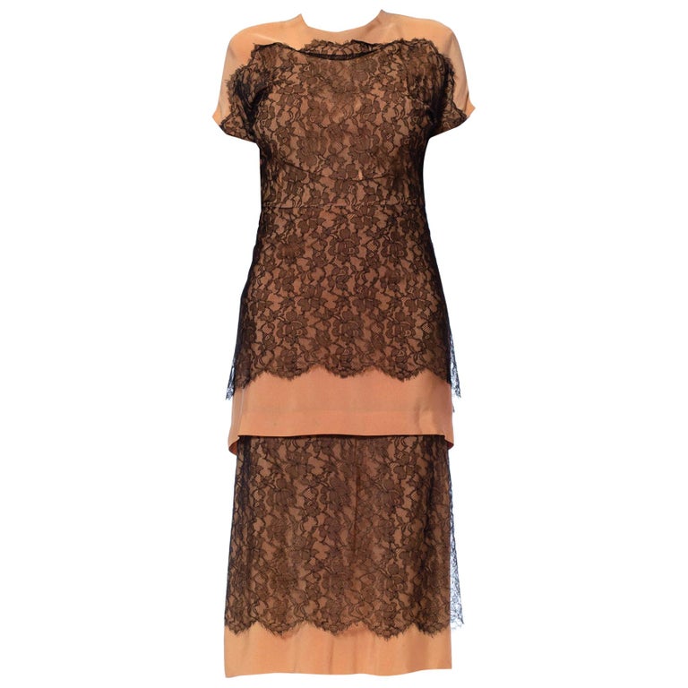 1940s Norman Original Peach Silk Faille & Black Chantilly Lace Tiered Cocktail