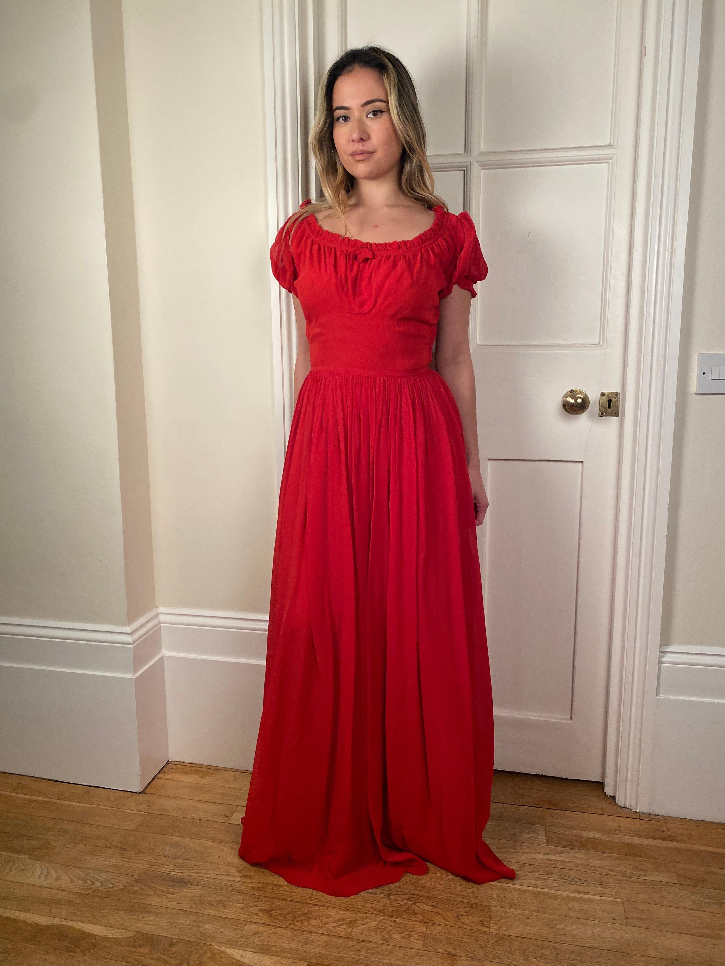 1940s Norman Young Red Georgette Maxi Dress In Excellent Condition For Sale In London, GB