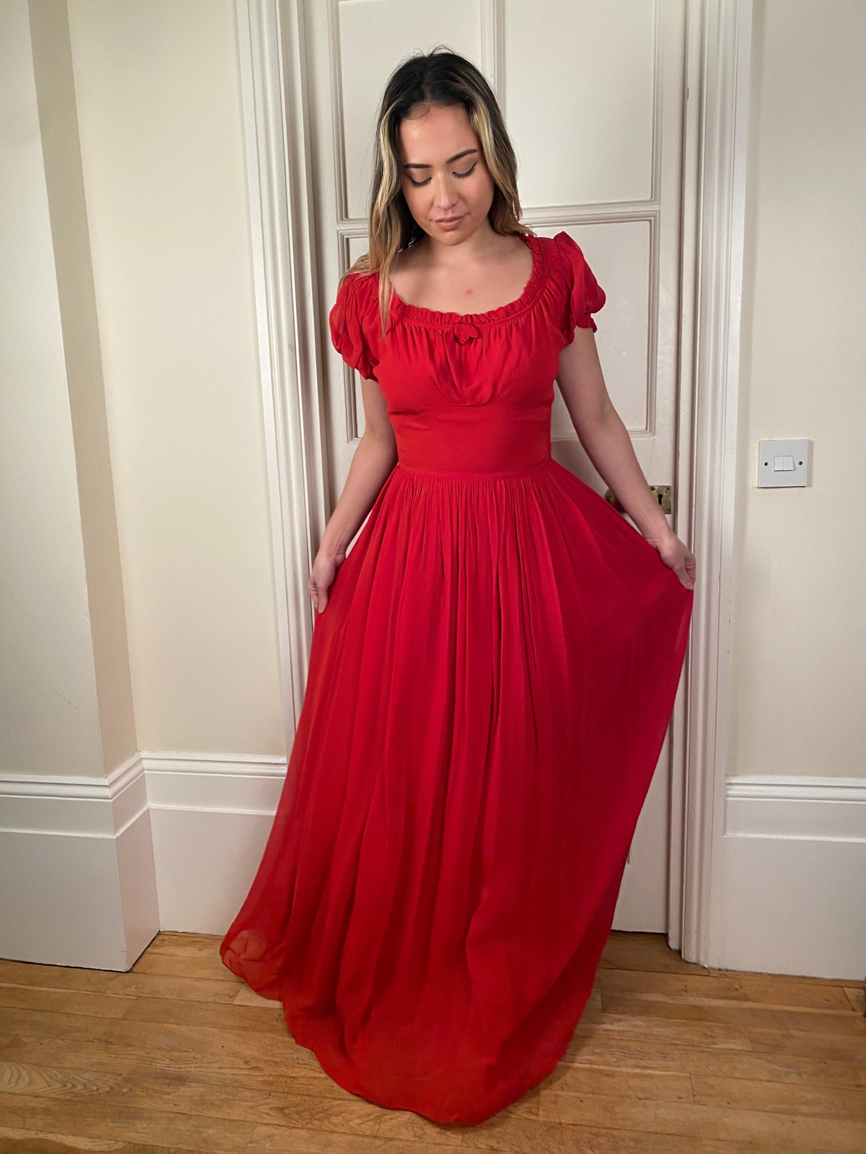 Women's 1940s Norman Young Red Georgette Maxi Dress For Sale