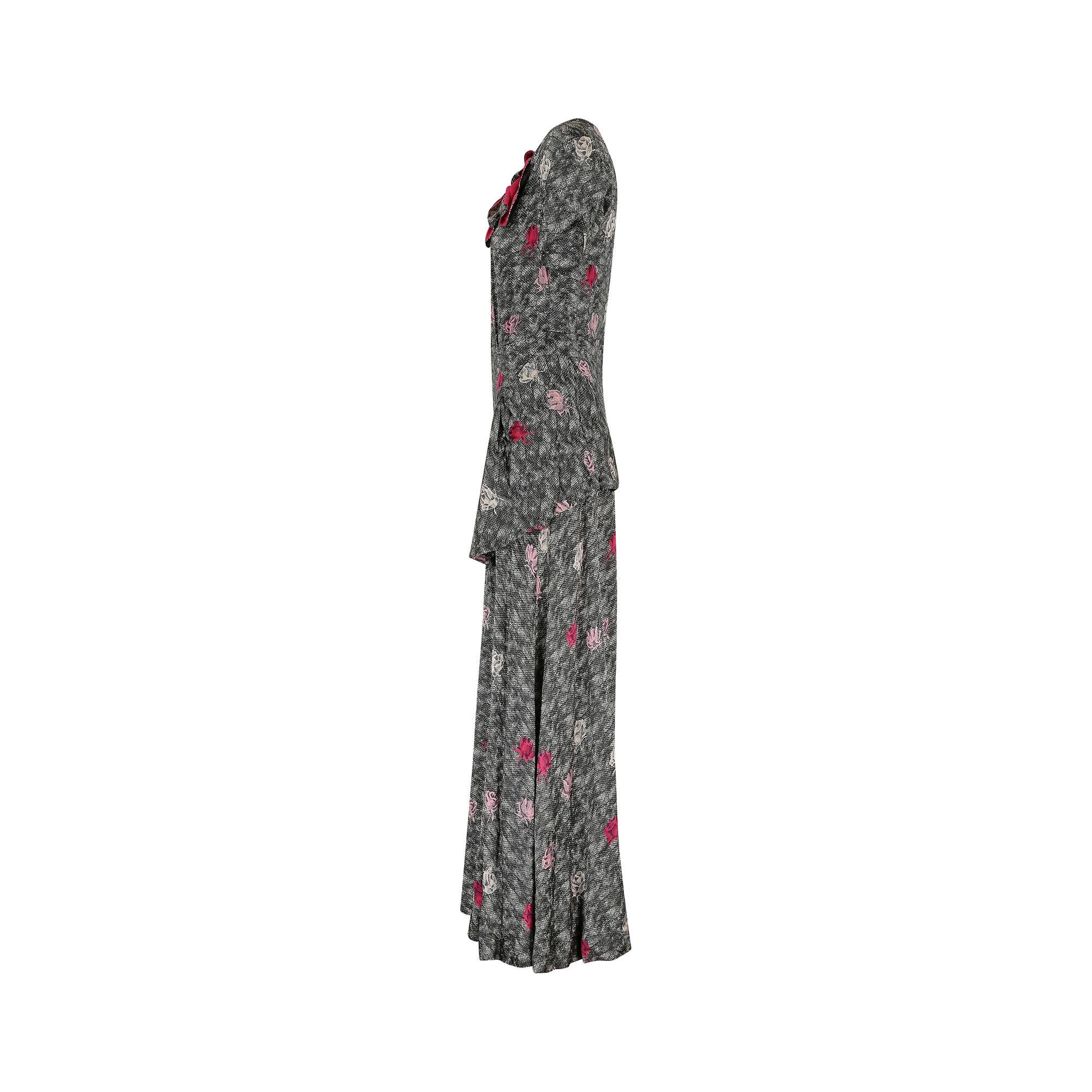 Gray 1940s Novelty Rose Print Silk Peplum Maxi Dress For Sale