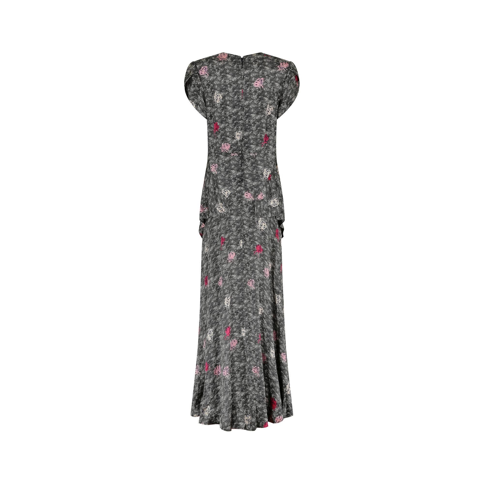 1940s Novelty Rose Print Silk Peplum Maxi Dress In Excellent Condition For Sale In London, GB