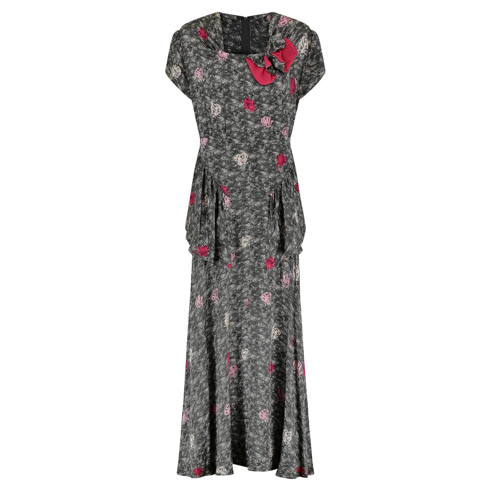1940s Novelty Rose Print Silk Peplum Maxi Dress For Sale