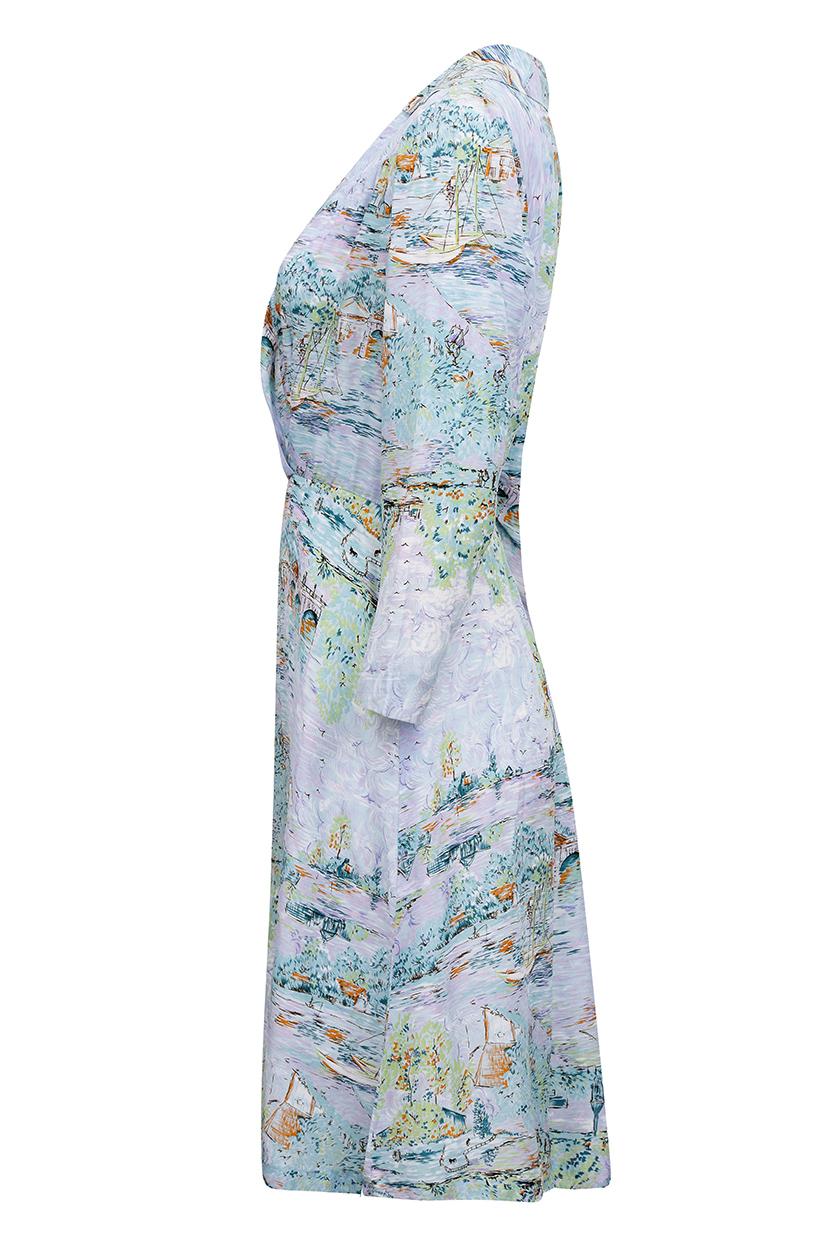 Gray 1940s Novelty Ship Print Pastel Coloured Rayon Dress  For Sale