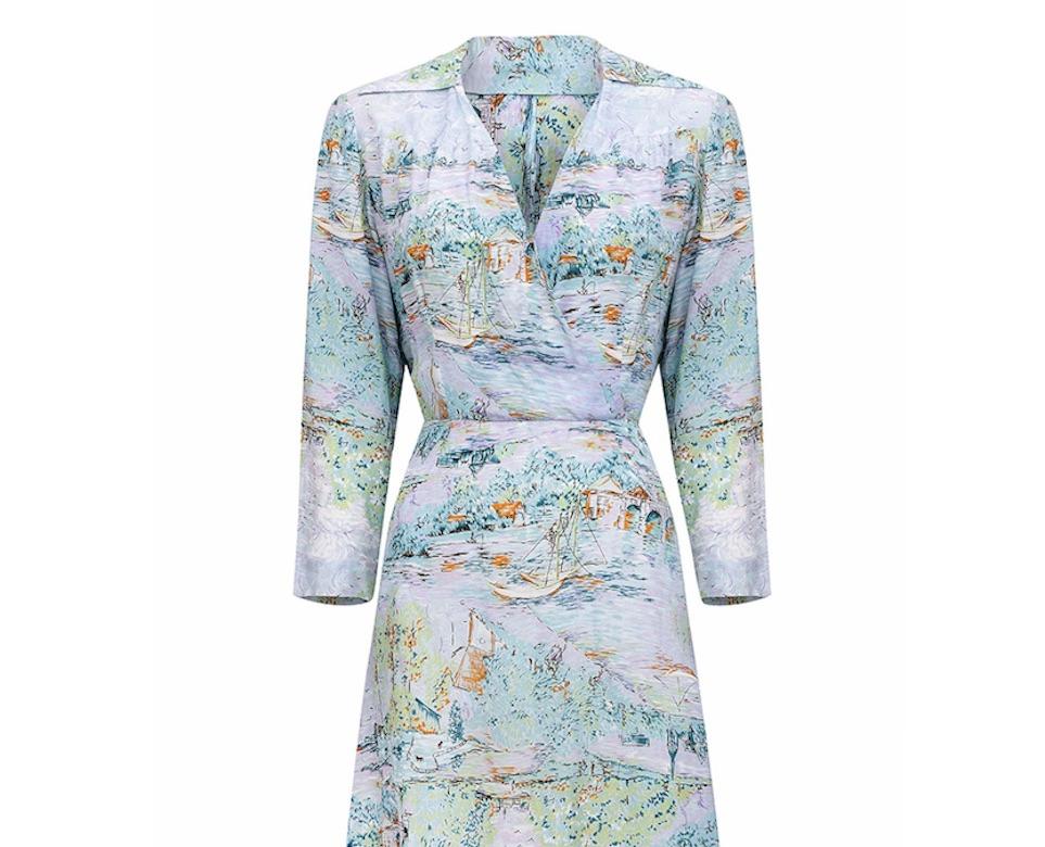 1940er Jahre Novelty Schiff Druck Pastellfarbenes Rayon Kleid  im Zustand „Hervorragend“ im Angebot in London, GB