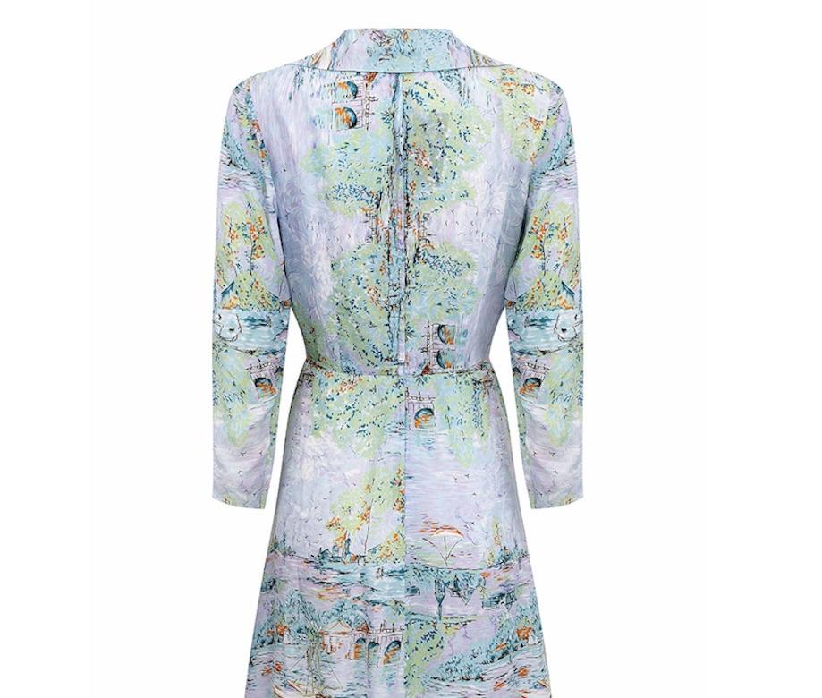 Women's 1940s Novelty Ship Print Pastel Coloured Rayon Dress  For Sale