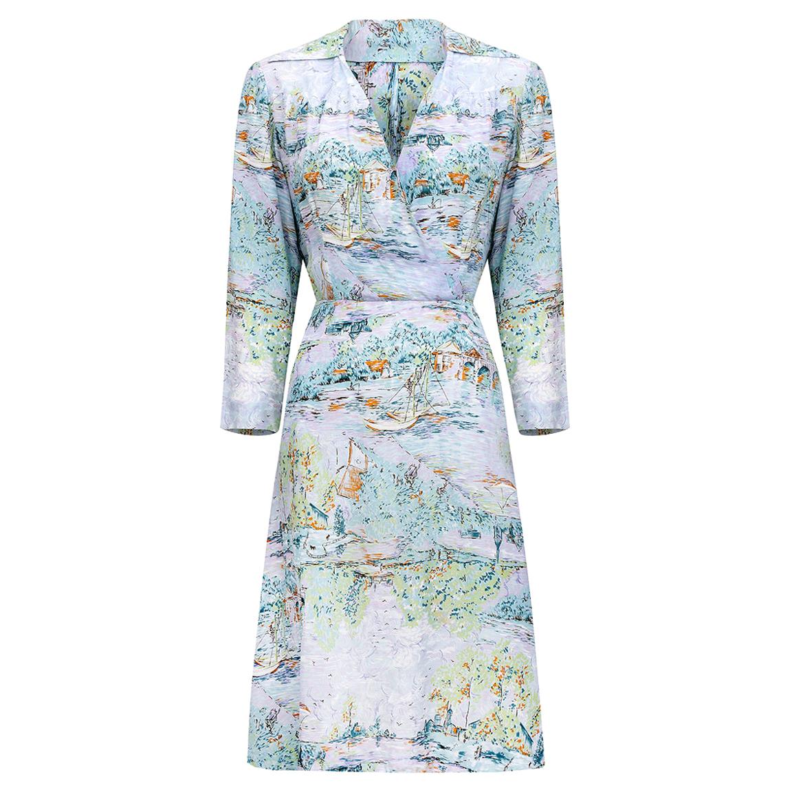 1940s Novelty Ship Print Pastel Coloured Rayon Dress en vente