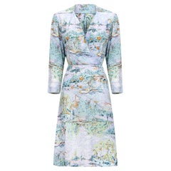 1940s Novelty Ship Print Pastel Coloured Rayon Dress 1940s Novelty Ship Print Pastel Coloured Rayon Dress