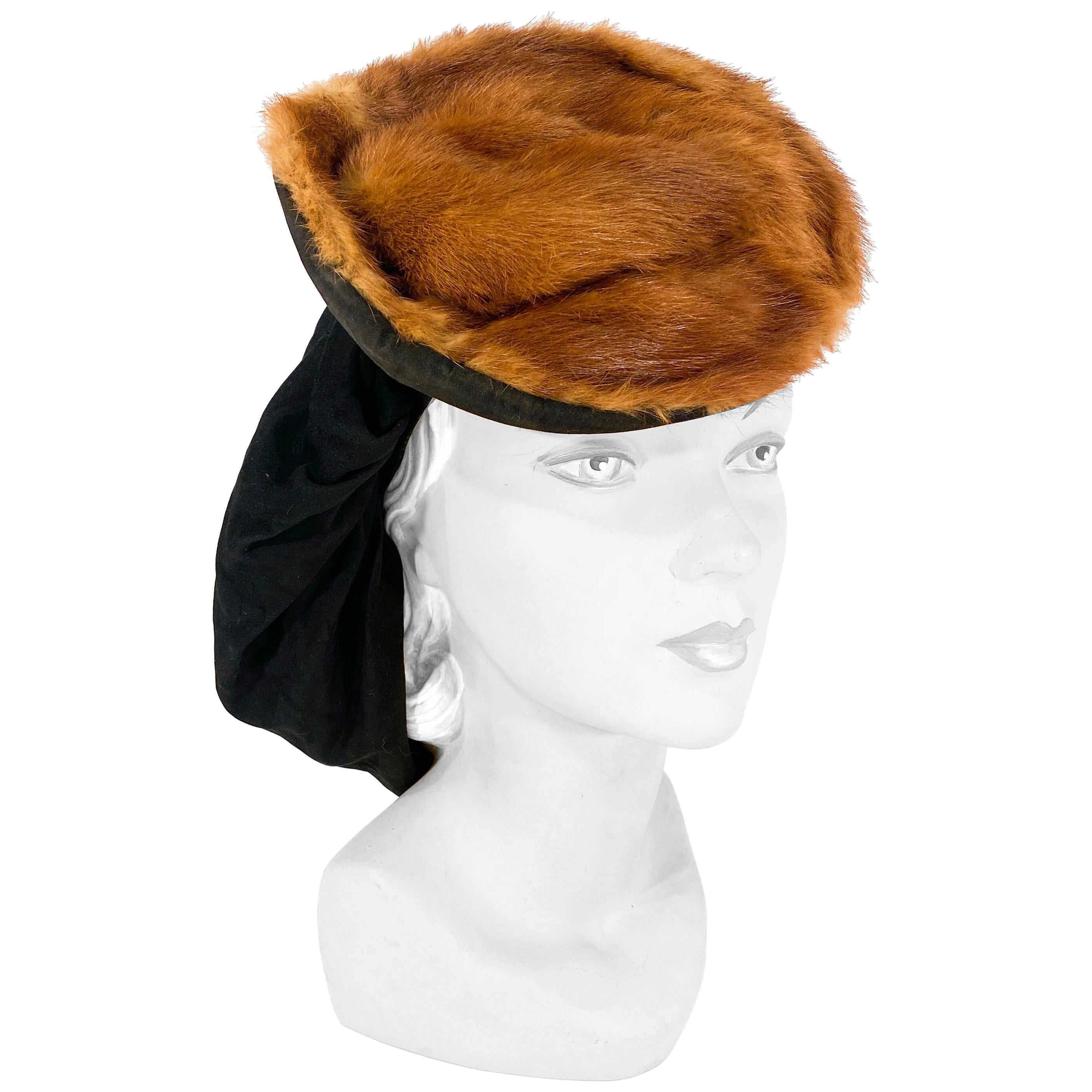 1940s Nutria Fur and Suede Leather Snood Hat