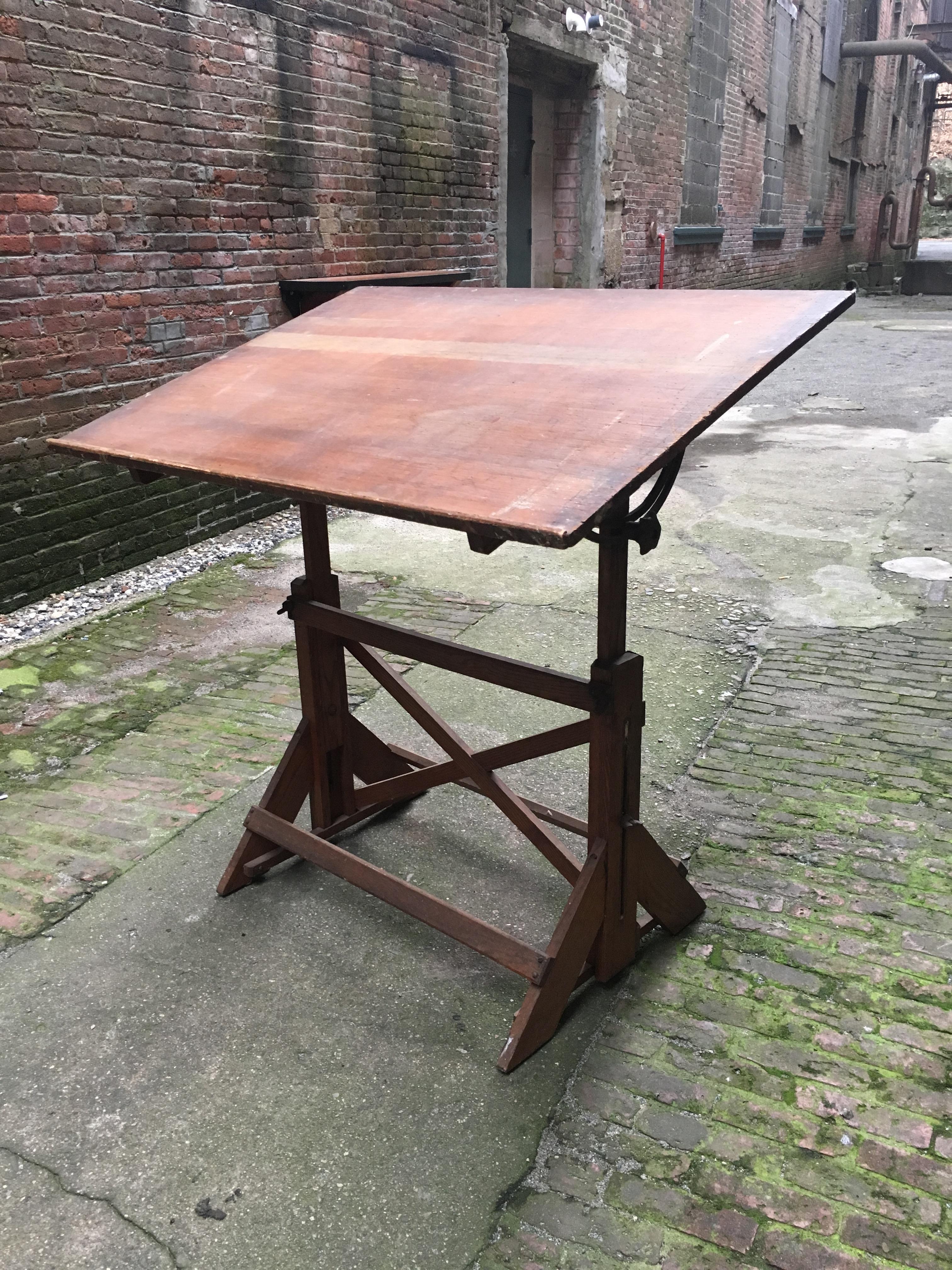 Industrial 1940s Oak and Pine Drafting Table