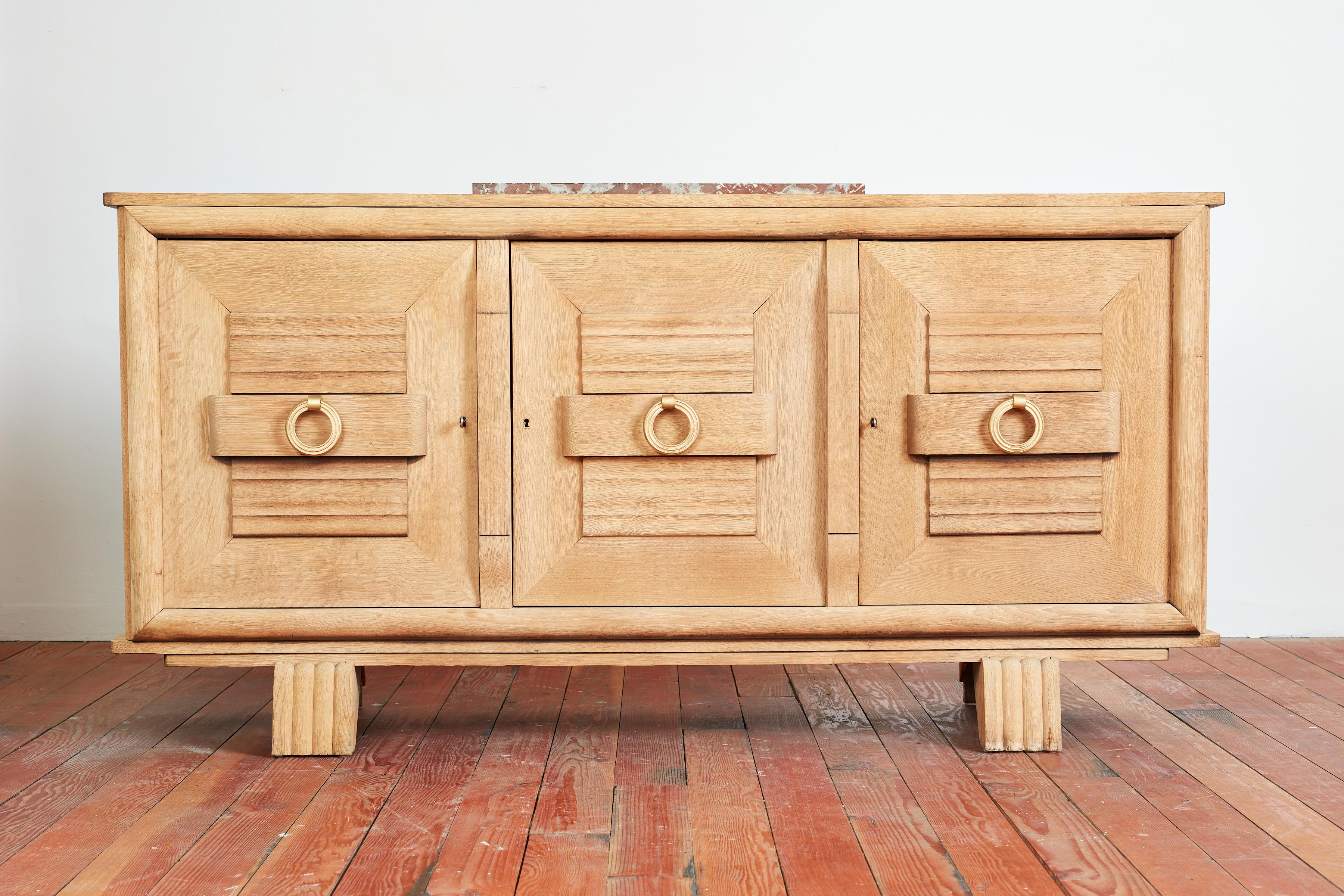 French 1940s Oak Sideboard with Burgundy Marble For Sale