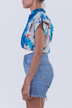 1940S Ocean Blues Rayon Japanese Fish Print Cropped Bolero Top